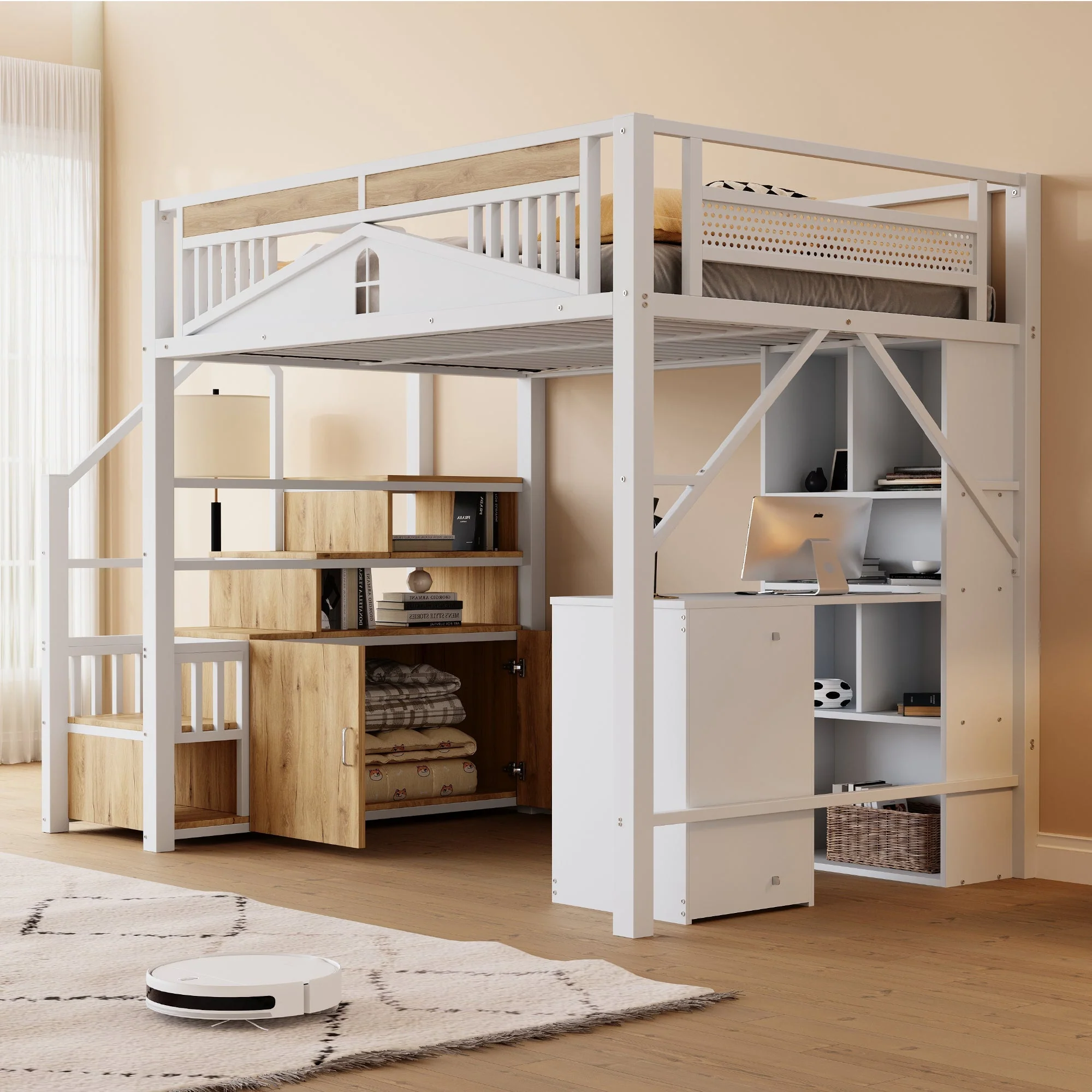 Metal Loft Bed 140x200cm Safety Enclosure with Window & Ladder Locker, White - Image 3