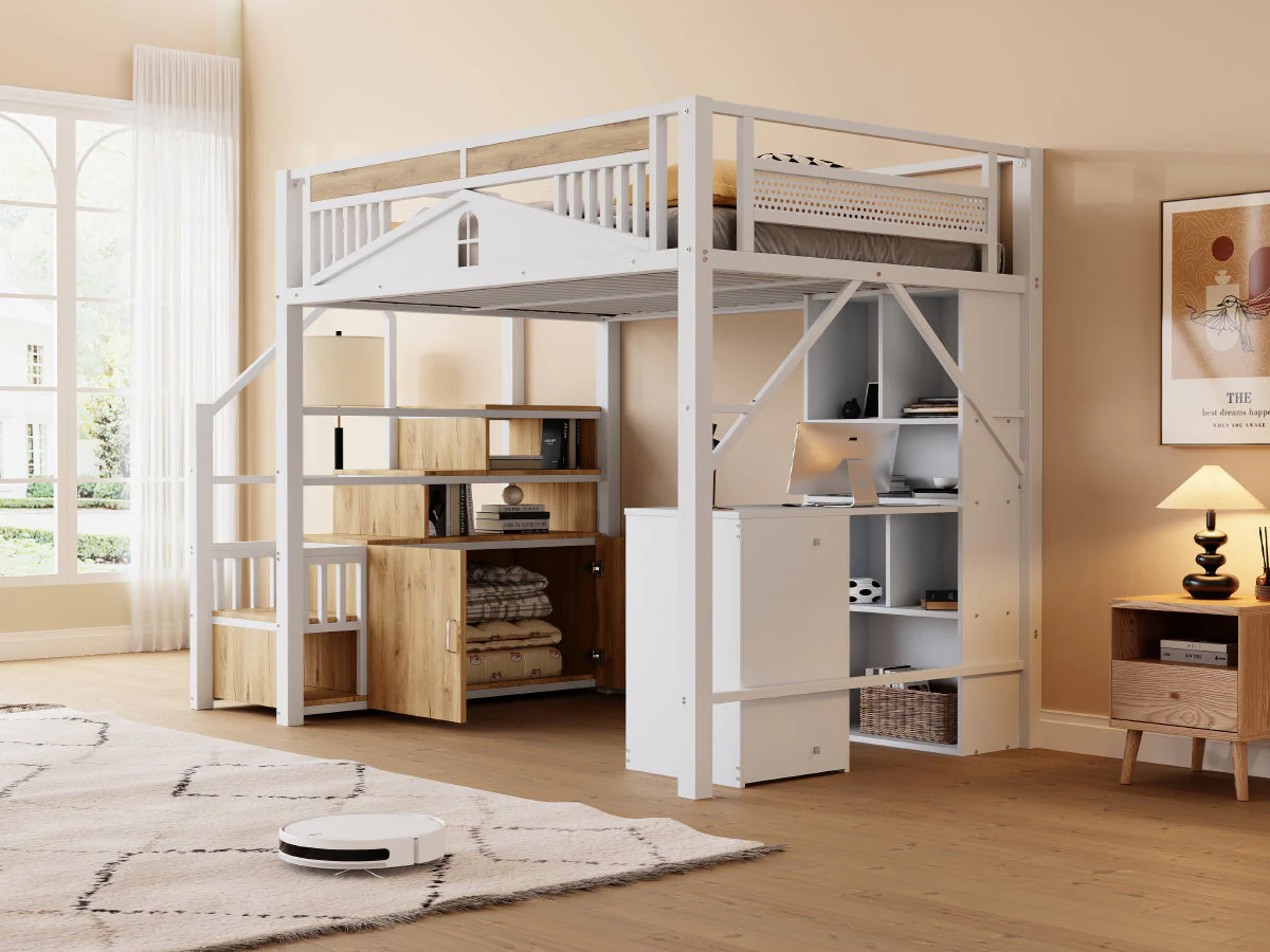 Metal Loft Bed 140x200cm Safety Enclosure with Window & Ladder Locker, White - Image 5