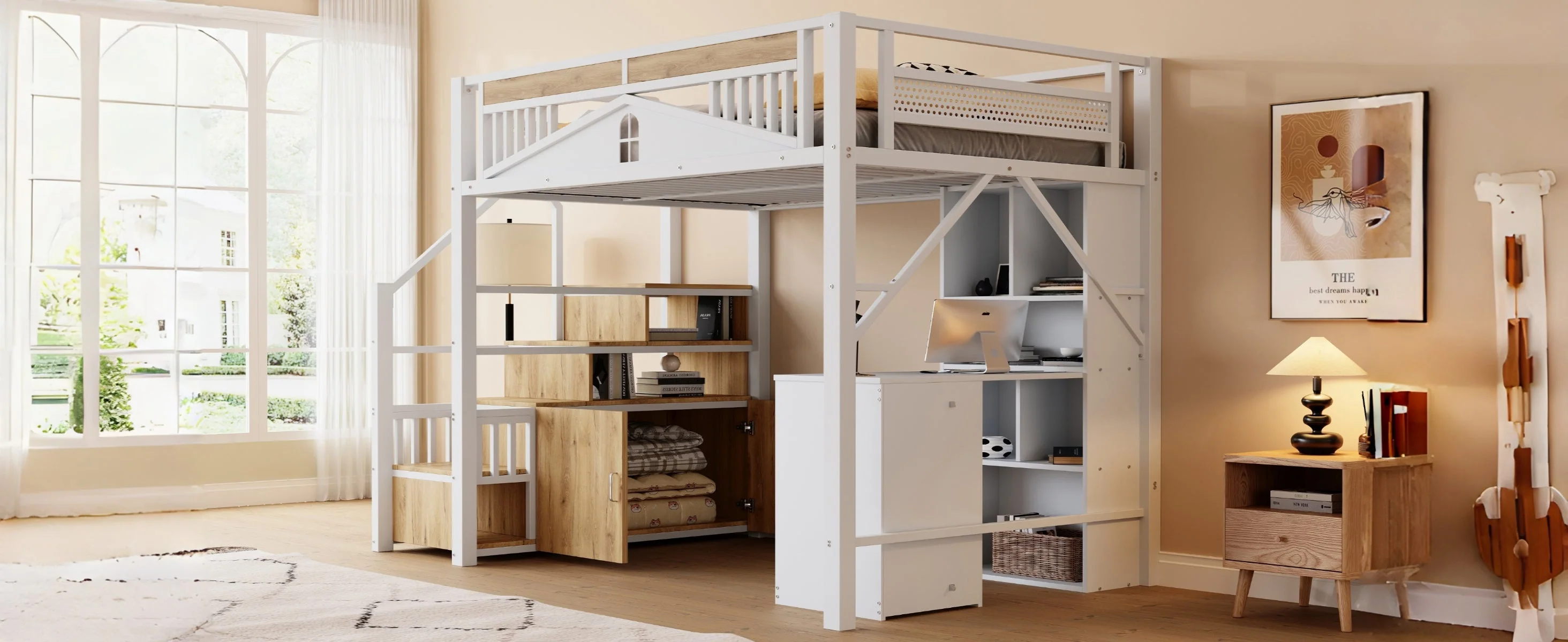 Metal Loft Bed 140x200cm Safety Enclosure with Window & Ladder Locker, White - Image 6