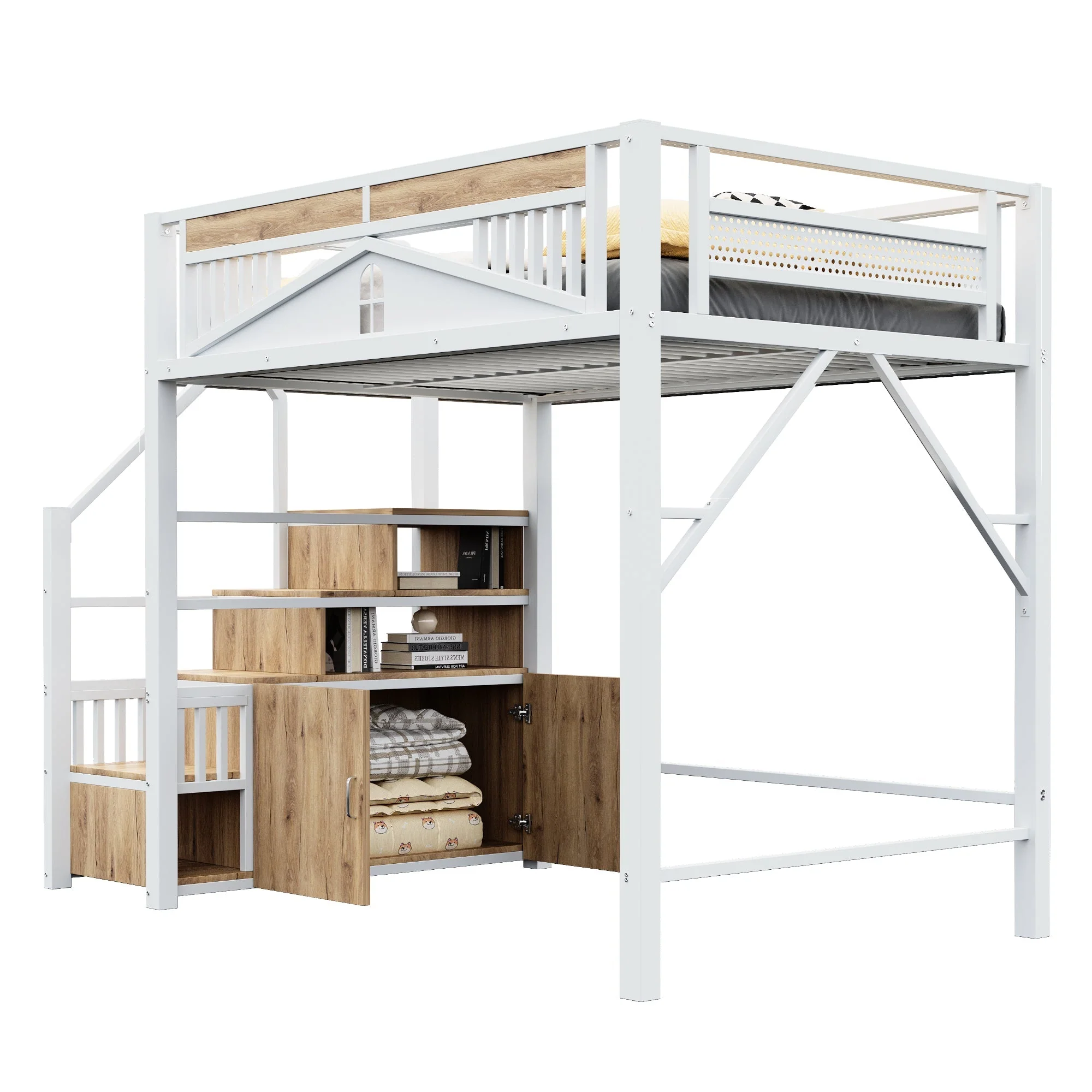 Metal Loft Bed 140x200cm Safety Enclosure with Window & Ladder Locker, White - Image 7