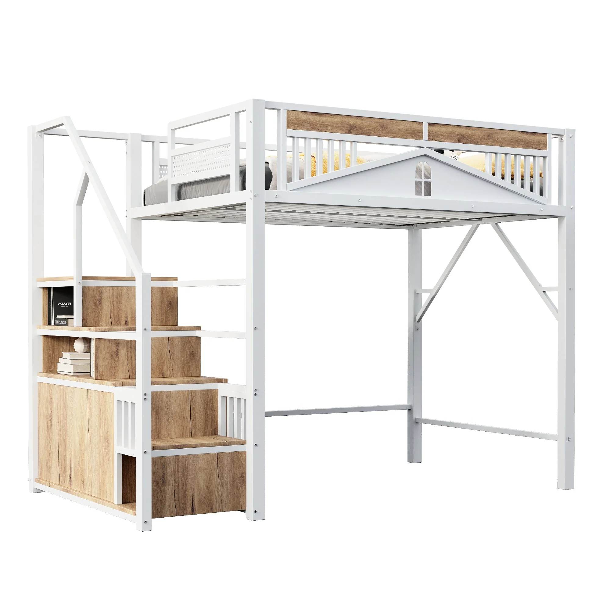Metal Loft Bed 140x200cm Safety Enclosure with Window & Ladder Locker, White - Image 8