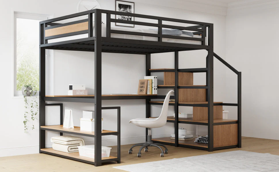 Metal Loft Bed 140x200cm, Storage Ladder, Shelves, Table, Safety Fence, Black - Image 6