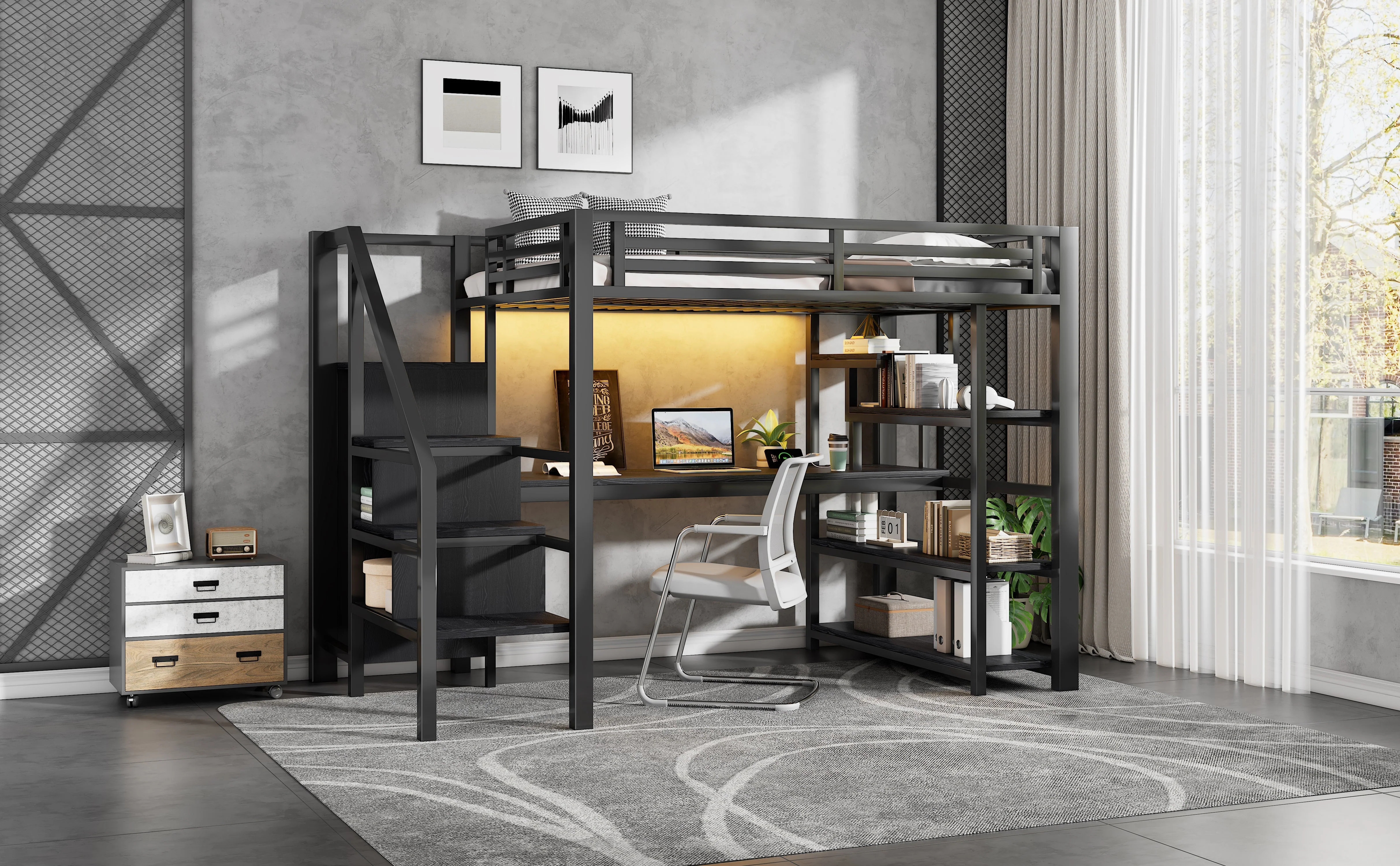 Metal Loft Bed 140x200cm with Stairs, Integrated Desk, Wardrobe, USB Charging and LED Lighting, Black - Image 10