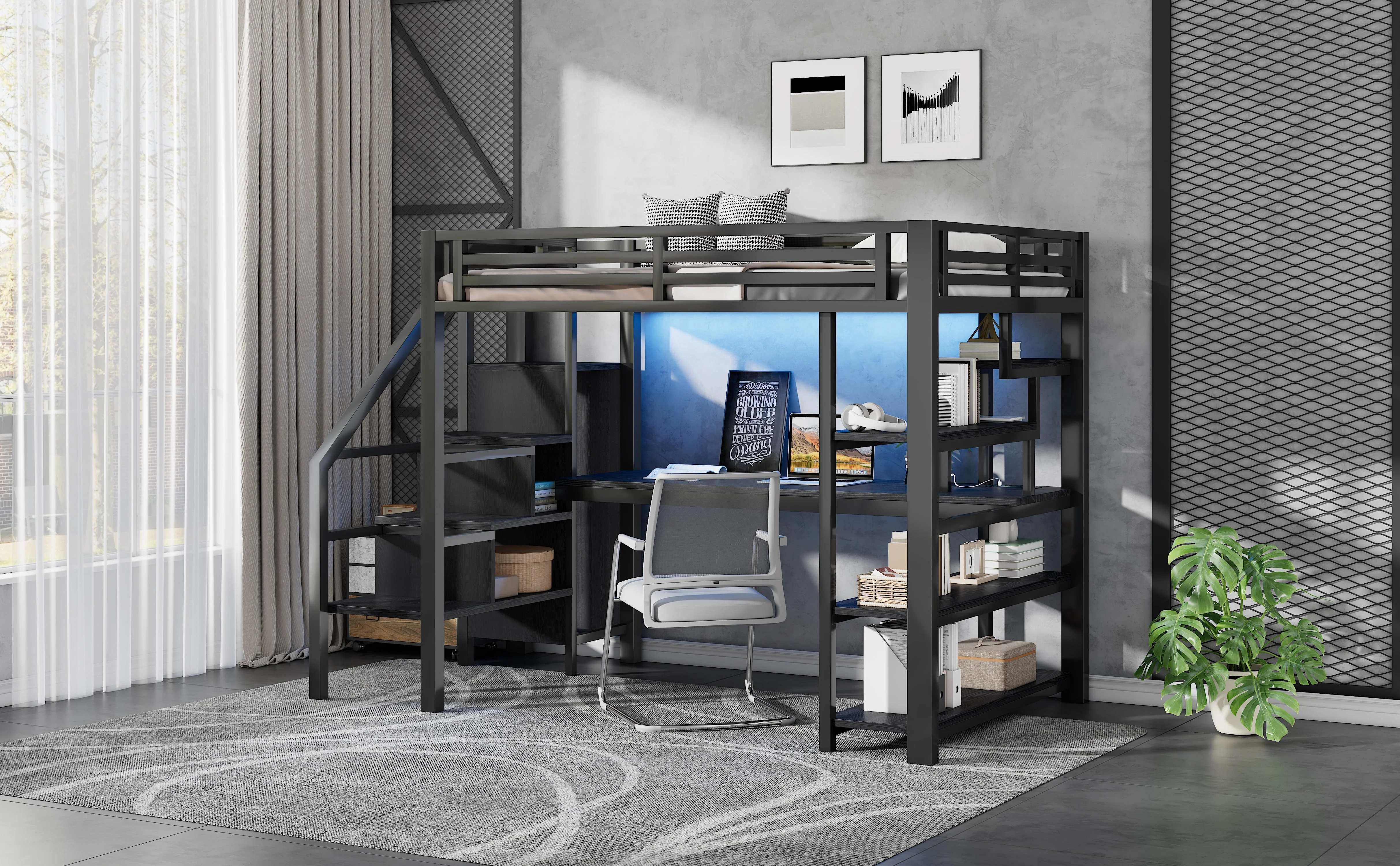 Metal Loft Bed 140x200cm with Stairs, Integrated Desk, Wardrobe, USB Charging and LED Lighting, Black - Image 6