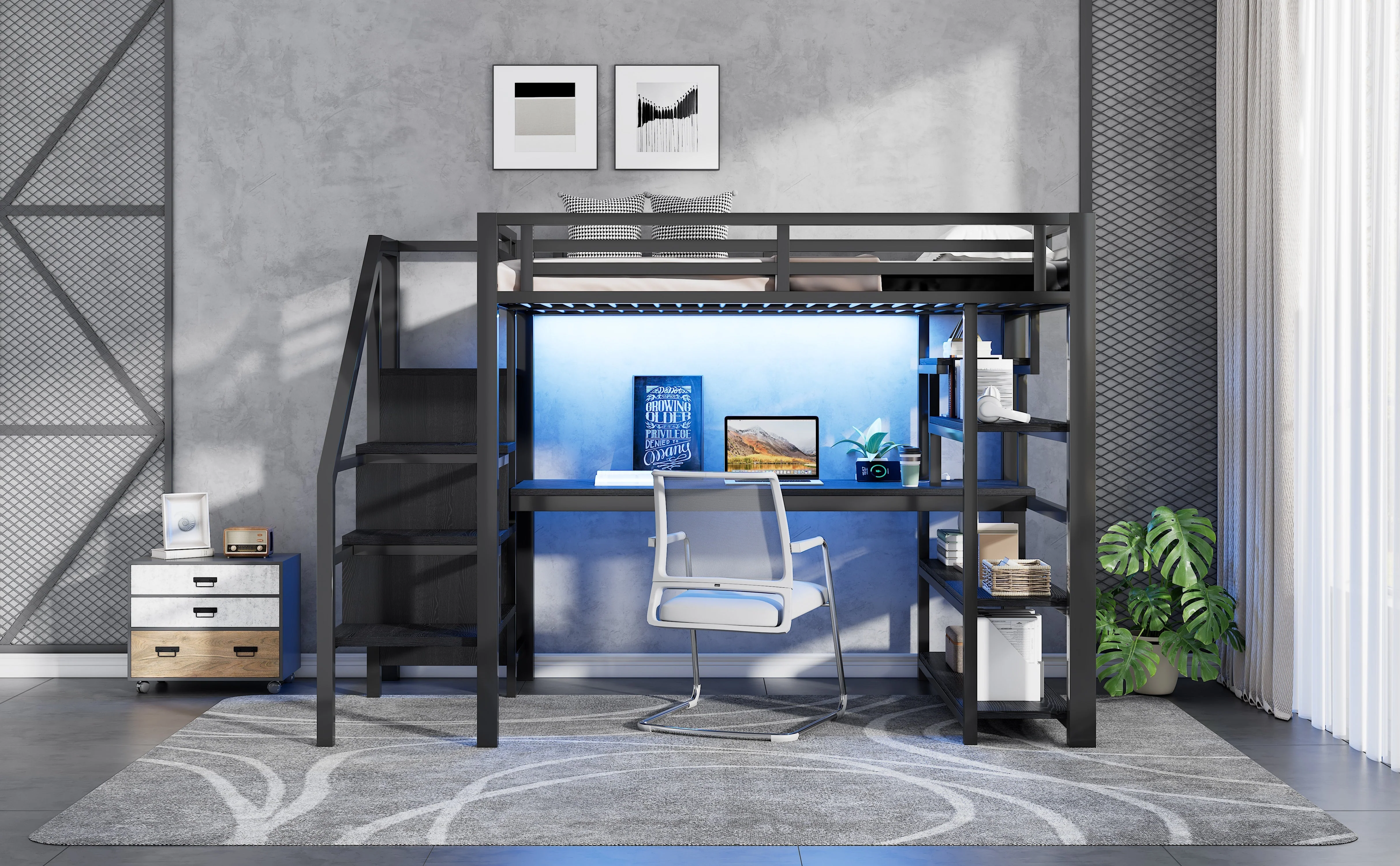 Metal Loft Bed 140x200cm with Stairs, Integrated Desk, Wardrobe, USB Charging and LED Lighting, Black - Image 7
