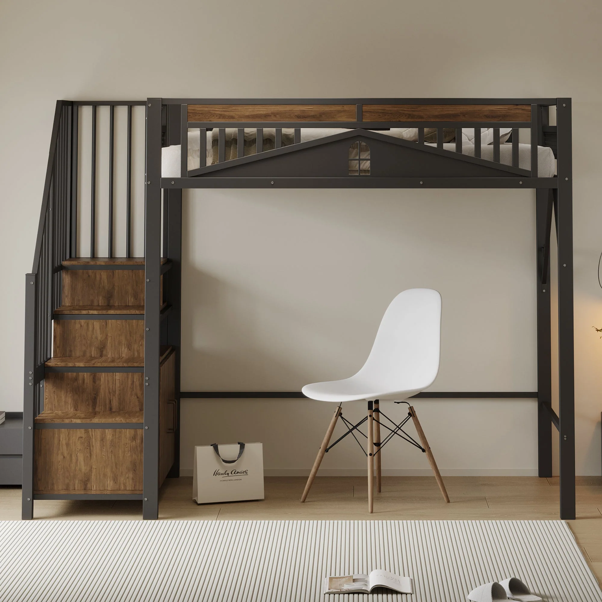 Metal Loft Bed, 90 x 200 cm, Safety Enclosure with Window & Ladder, Black - Image 2