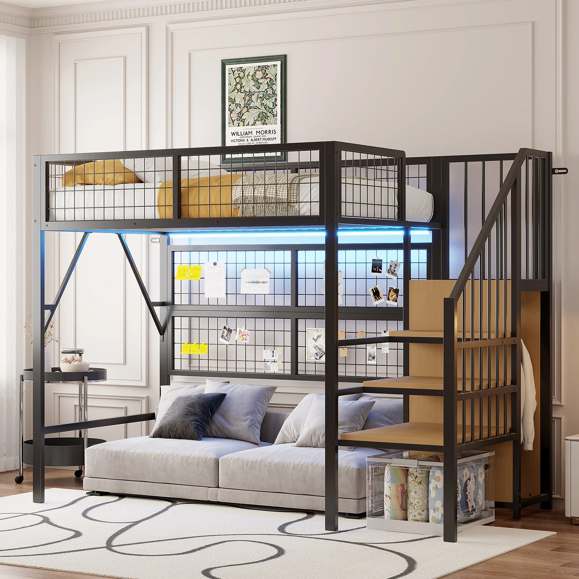 Metal Loft Bed 90x200 LED Lights Storage Stairs Wardrobe, Black
