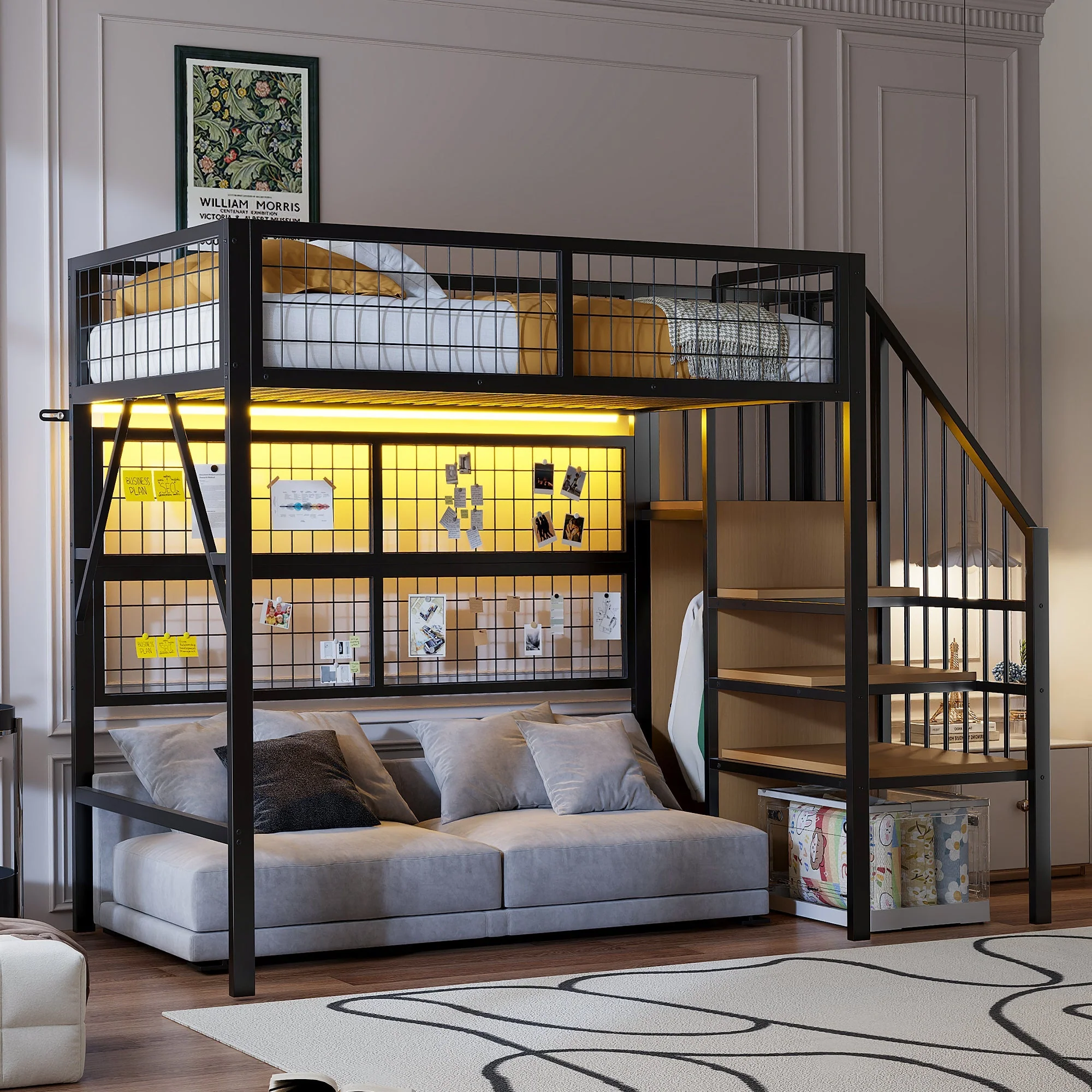 Metal Loft Bed 90x200 LED Lights Storage Stairs Wardrobe, Black - Image 2