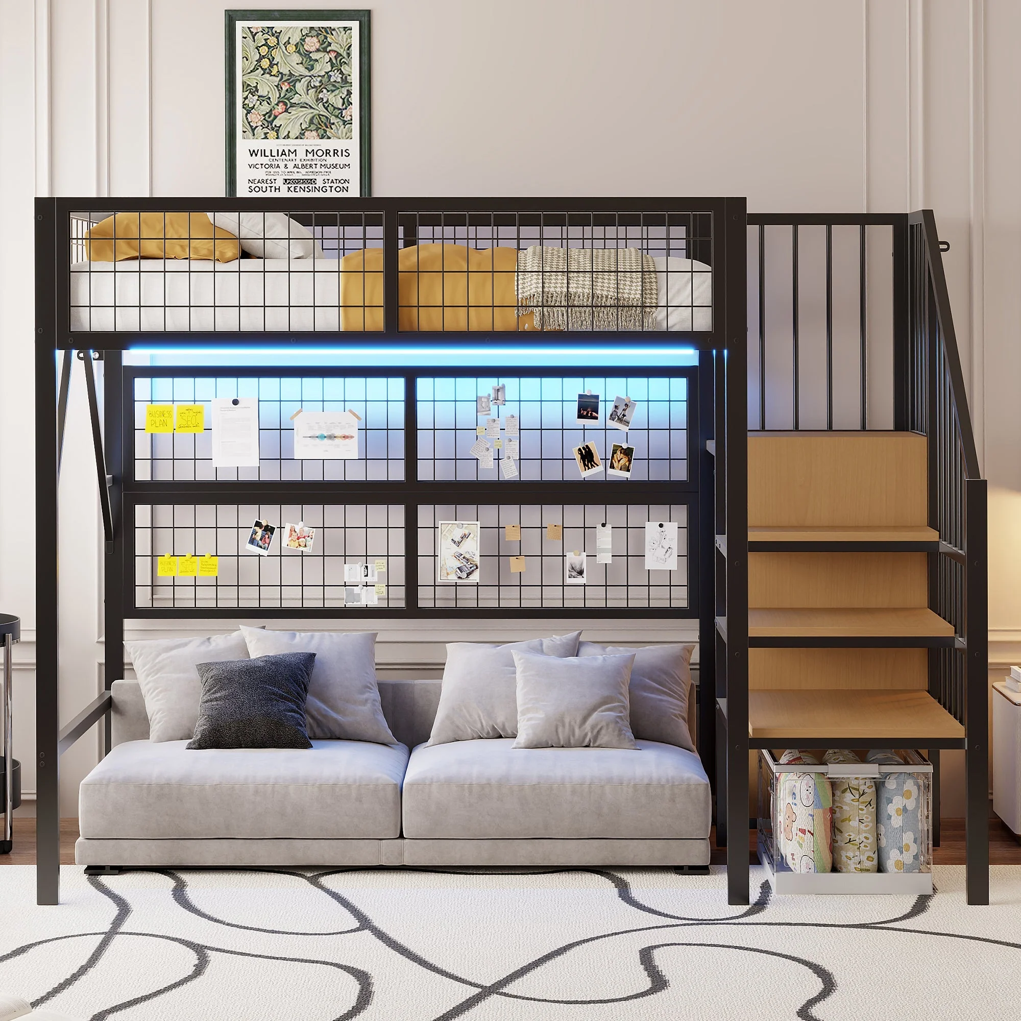 Metal Loft Bed 90x200 LED Lights Storage Stairs Wardrobe, Black - Image 3