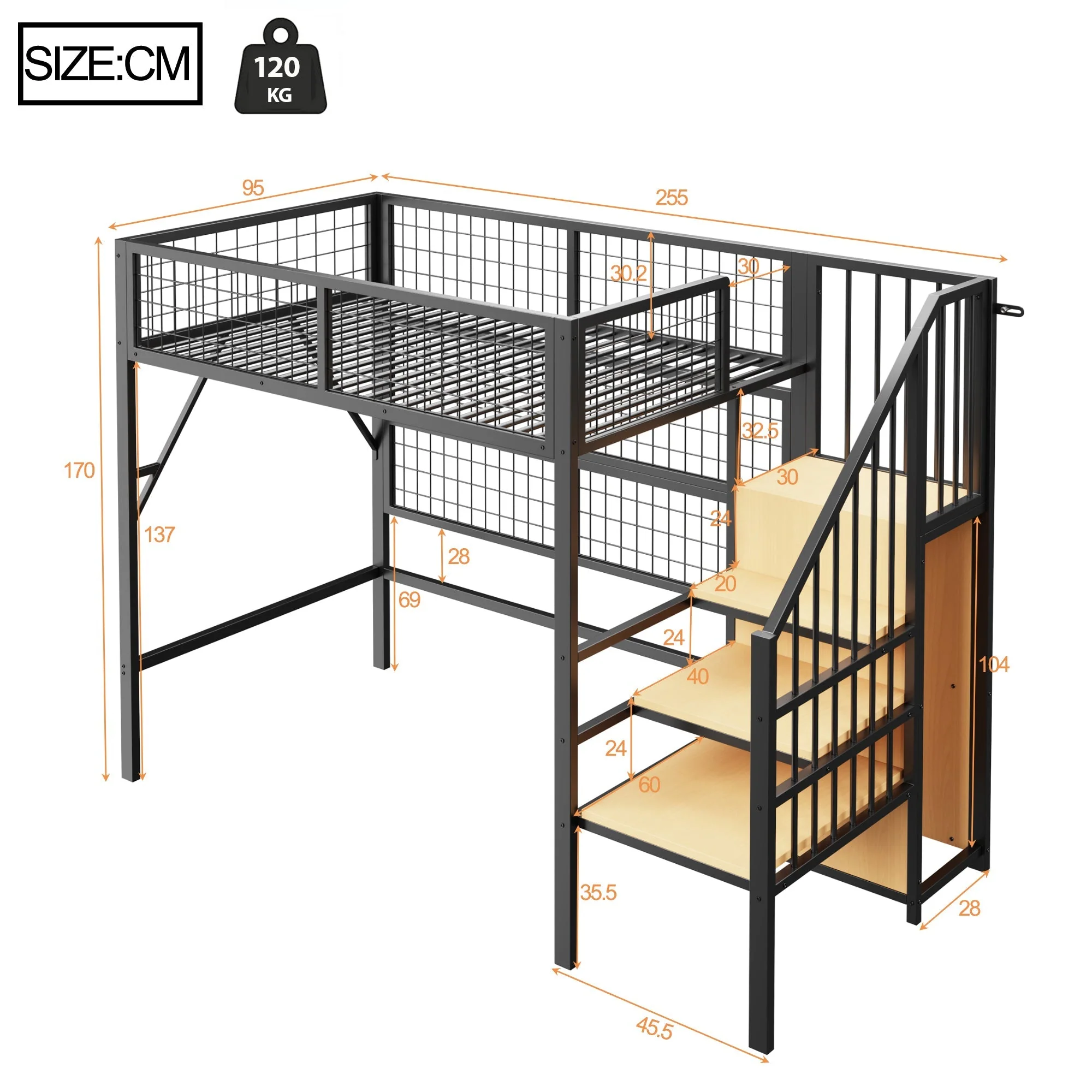 Metal Loft Bed 90x200 LED Lights Storage Stairs Wardrobe, Black - Image 4