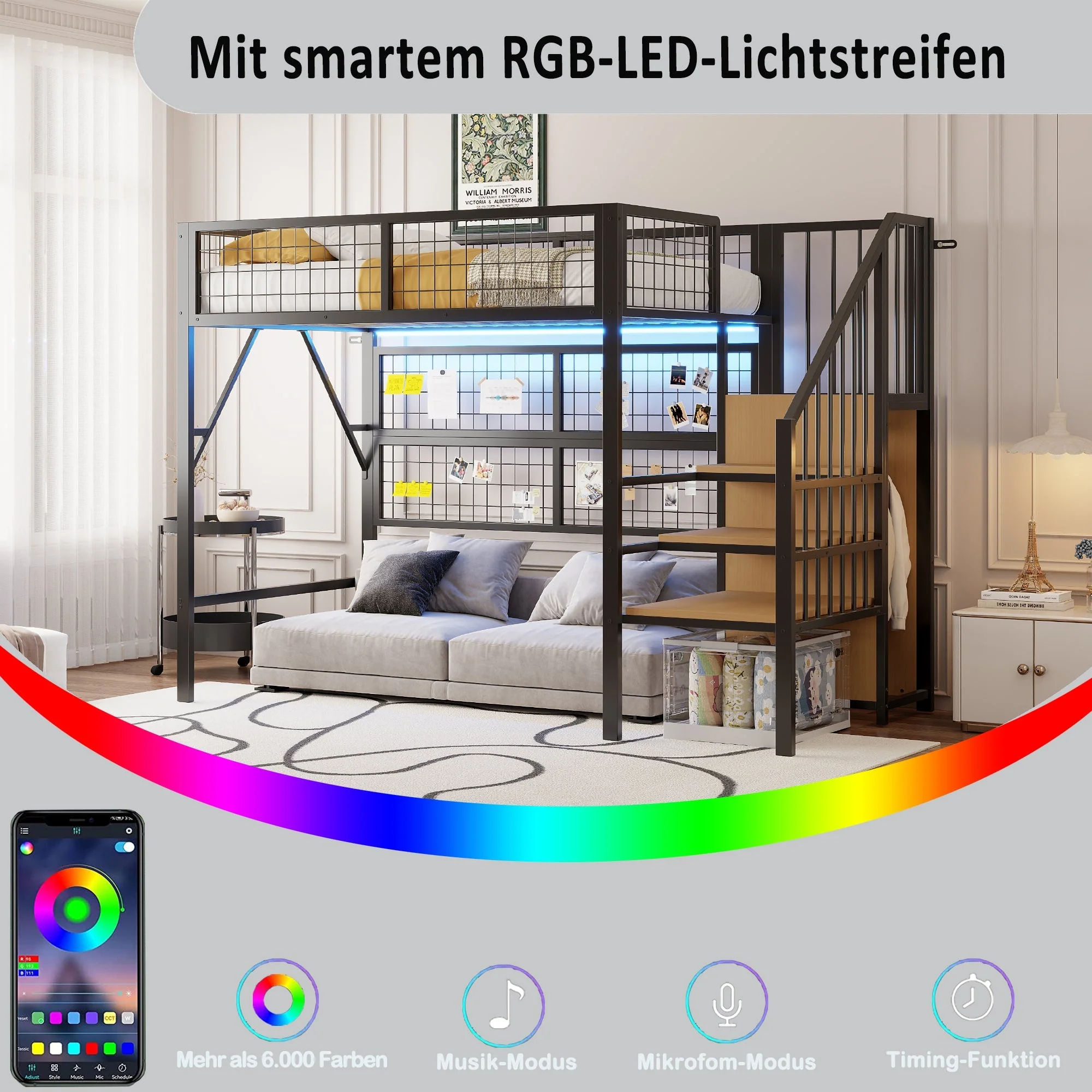 Metal Loft Bed 90x200 LED Lights Storage Stairs Wardrobe, Black - Image 5