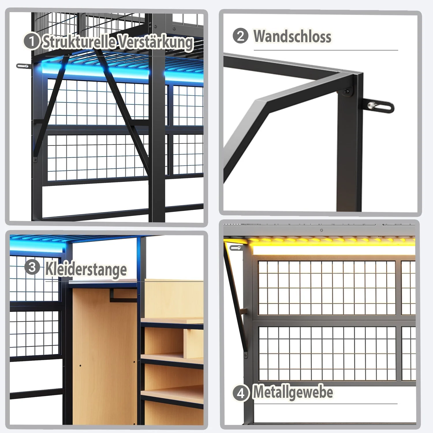 Metal Loft Bed 90x200 LED Lights Storage Stairs Wardrobe, Black - Image 6