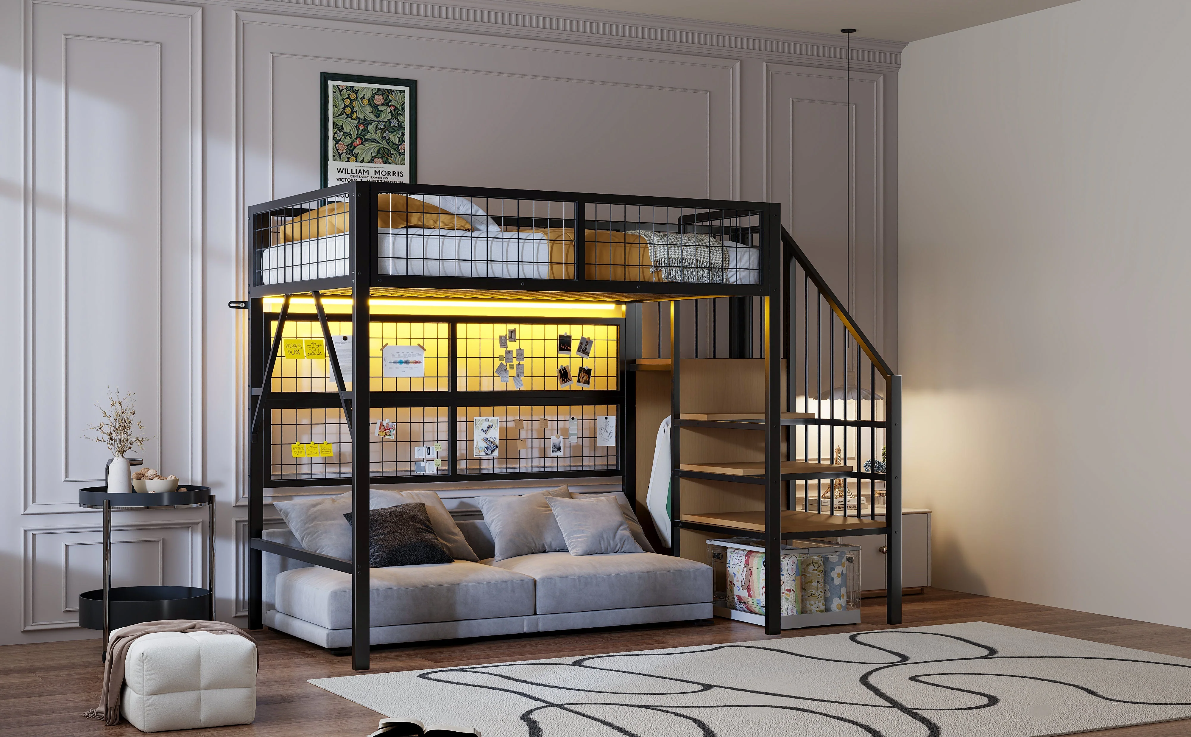 Metal Loft Bed 90x200 LED Lights Storage Stairs Wardrobe, Black - Image 7