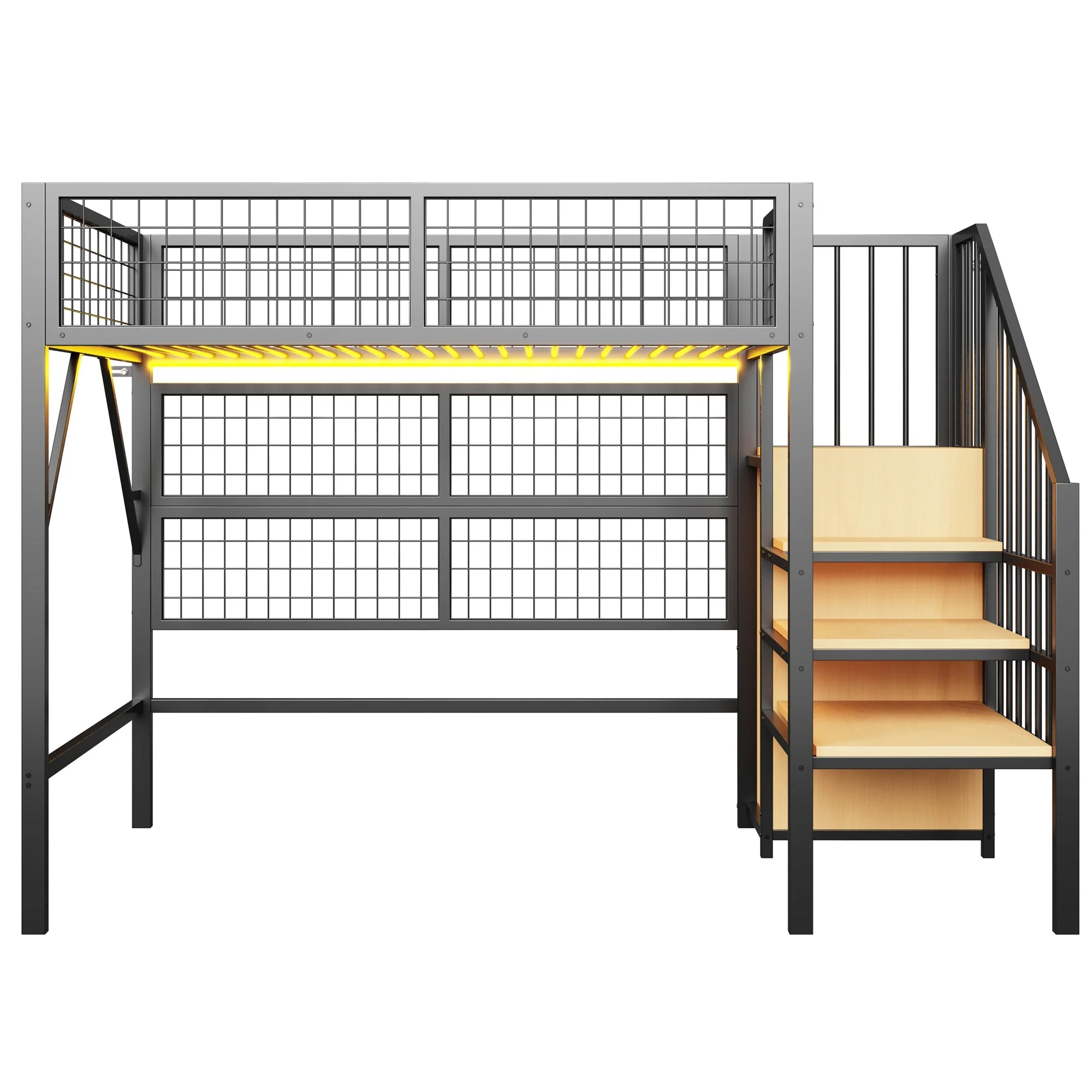 Metal Loft Bed 90x200 LED Lights Storage Stairs Wardrobe, Black - Image 8