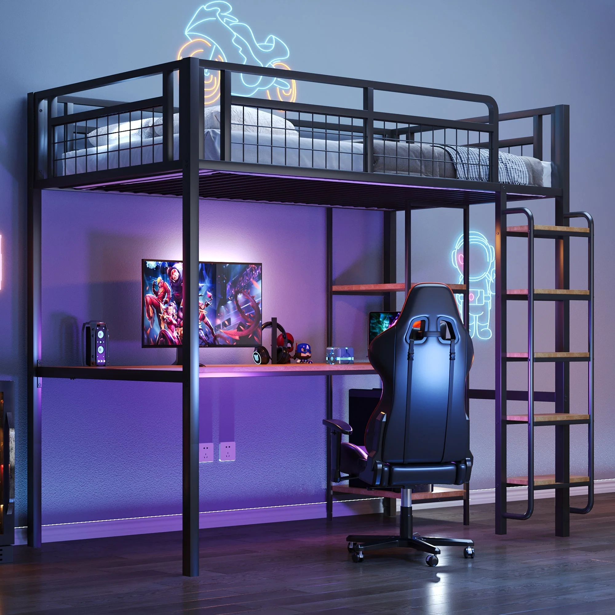 Metal Loft Bed 90x200cm Safety Ladder Storage Black - Image 2