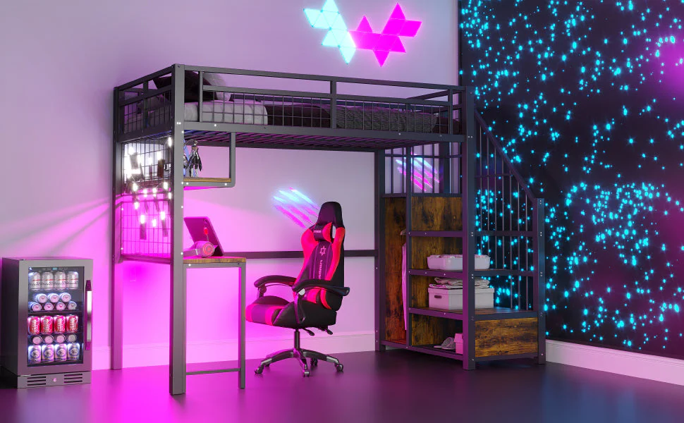 Metal Loft Bed 90x200cm Storage Ladder Wardrobe Desk Light & USB - Black - Image 9