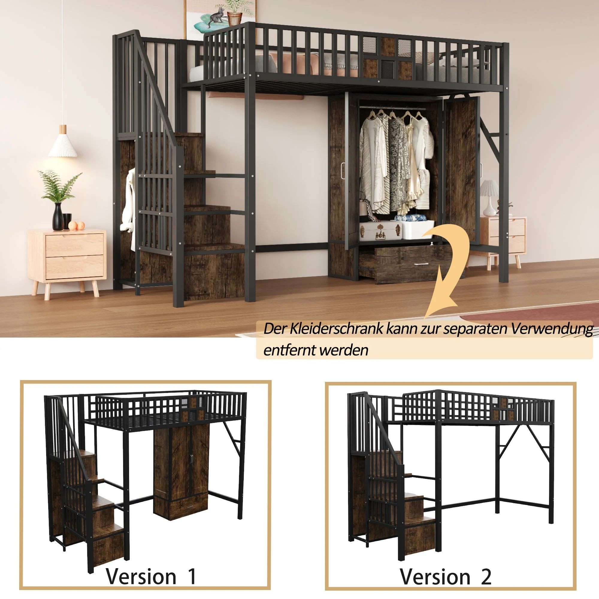 Metal Loft Bed 90x200cm Wardrobe Drawers Storage Ladder - Black - Image 5