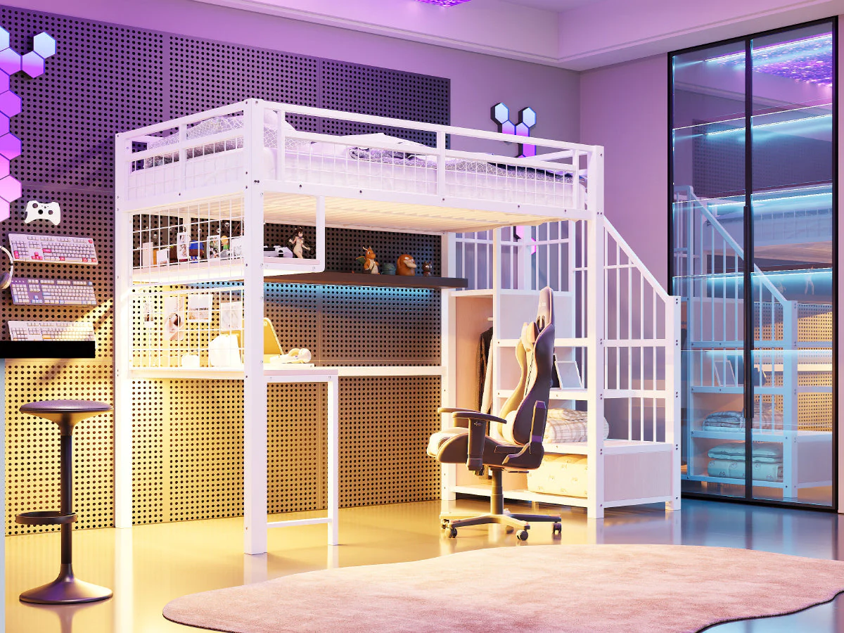 Metal Loft Bed 90x200cm with Light Strip Charging Socket Storage Ladder Wardrobe Desk White - Image 10