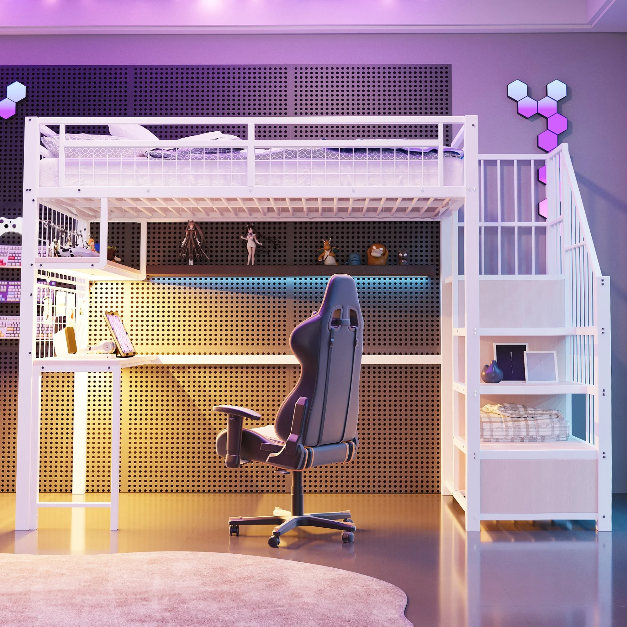 Metal Loft Bed 90x200cm with Light Strip Charging Socket Storage Ladder Wardrobe Desk White - Image 8