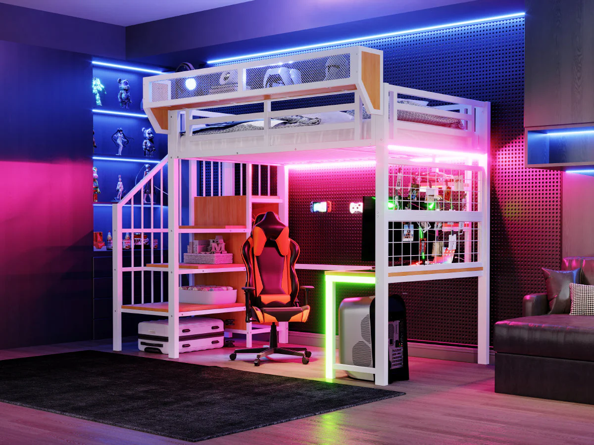 Metal Loft Bed with Desk, Shelf, LED and Socket, 90x200cm, White Metal - Image 8