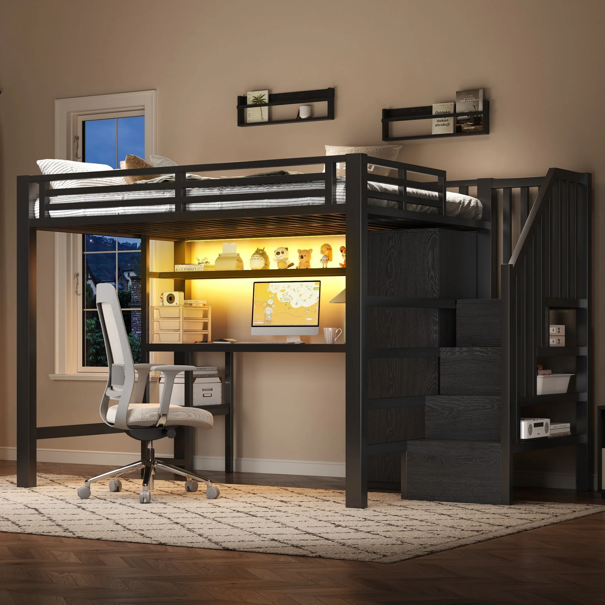 Metal Loft Bed with Desk, Shelf, Wardrobe and Storage Stairs, 140x200cm, Black Metal
