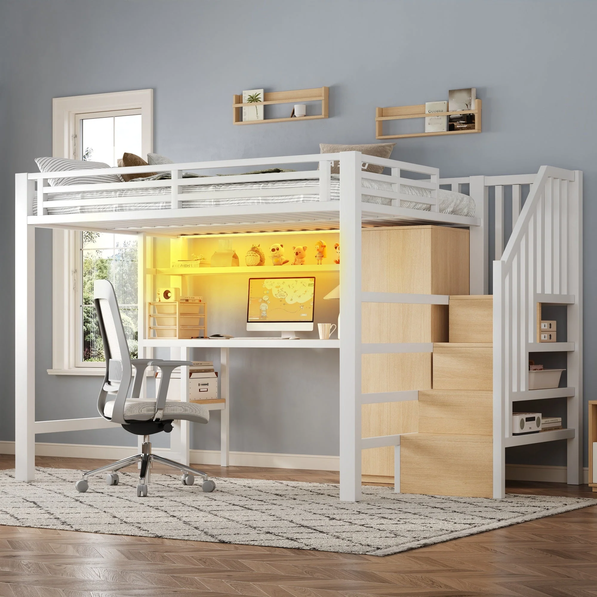 Metal Loft Bed with Desk, Shelf, Wardrobe and Storage Stairs, 140x200cm, White - Image 3