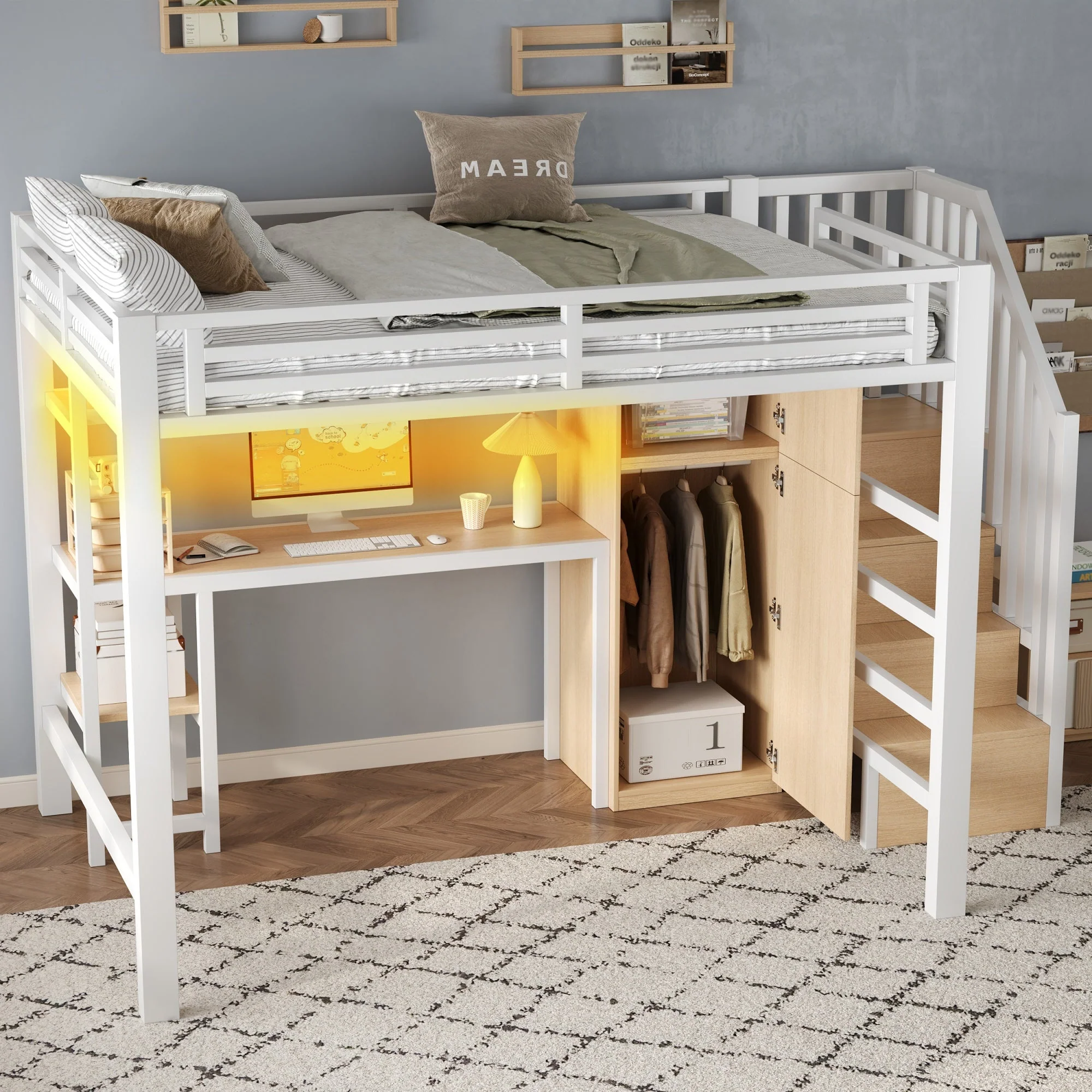 Metal Loft Bed with Desk, Shelf, Wardrobe and Storage Stairs, 140x200cm, White - Image 4