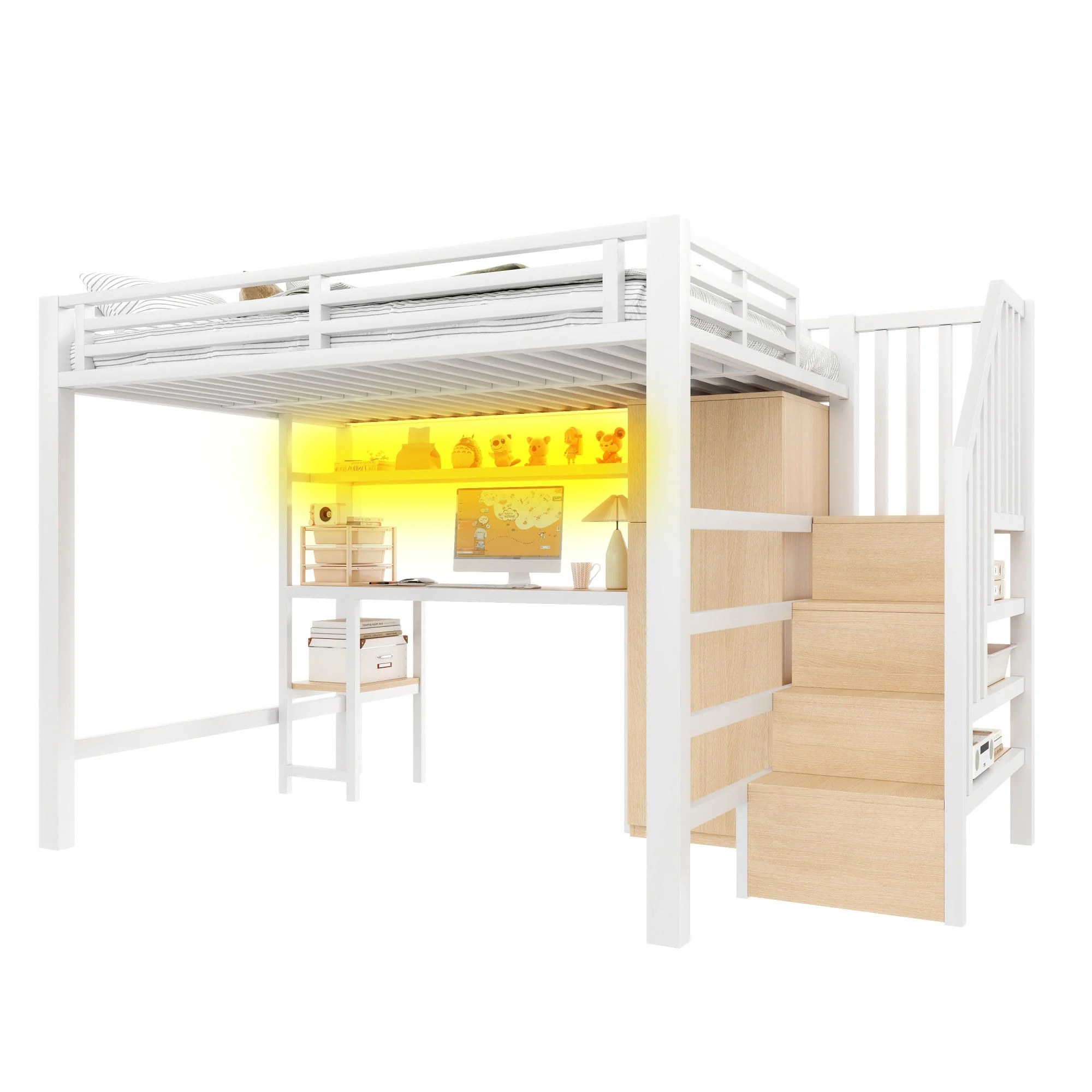 Metal Loft Bed with Desk, Shelf, Wardrobe and Storage Stairs, 140x200cm, White - Image 5