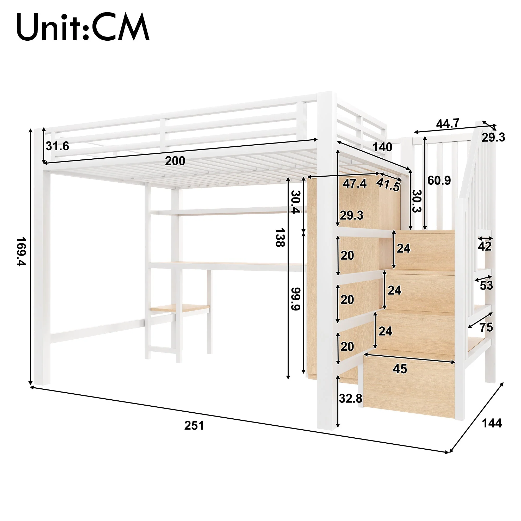 Metal Loft Bed with Desk, Shelf, Wardrobe and Storage Stairs, 140x200cm, White - Image 6
