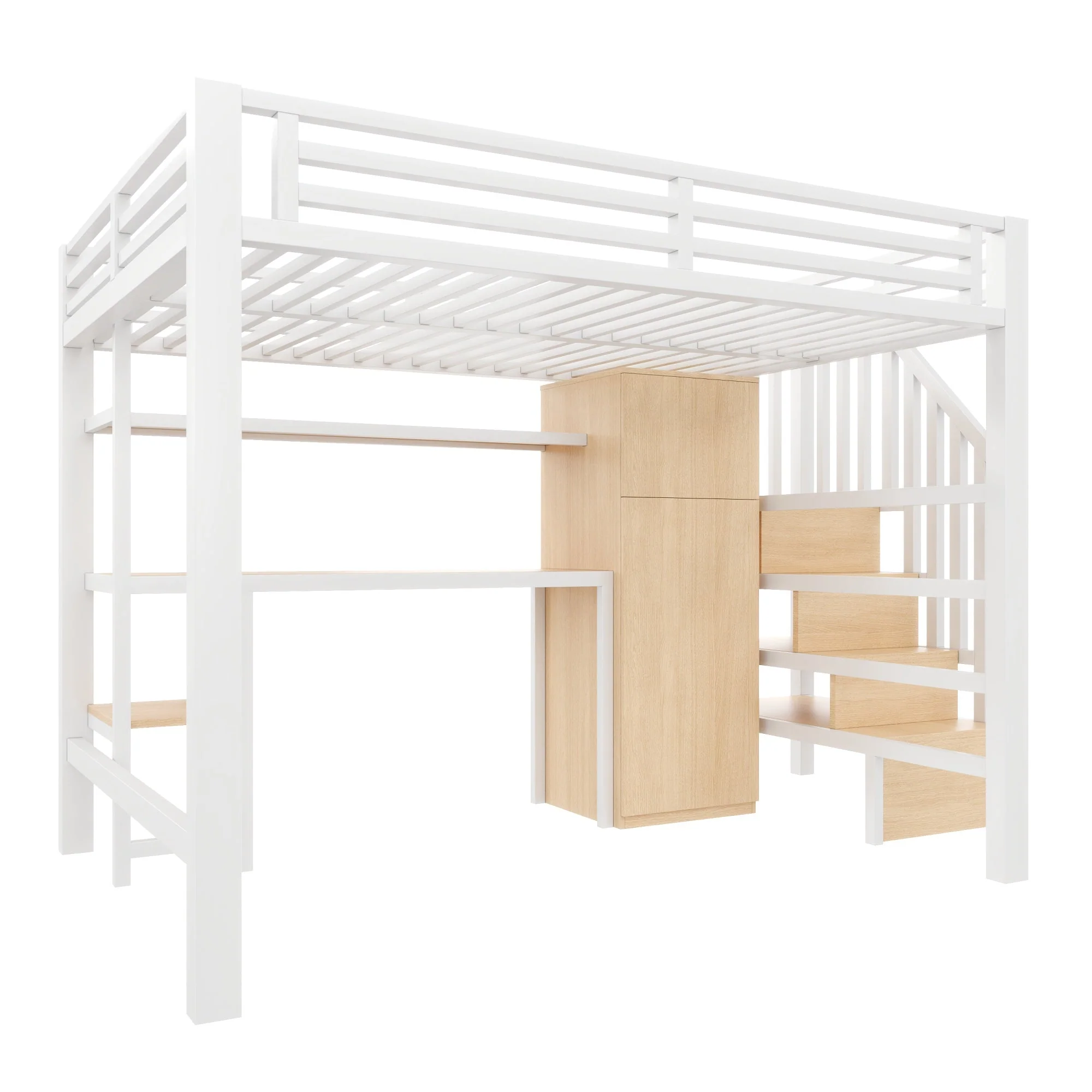 Metal Loft Bed with Desk, Shelf, Wardrobe and Storage Stairs, 140x200cm, White - Image 7
