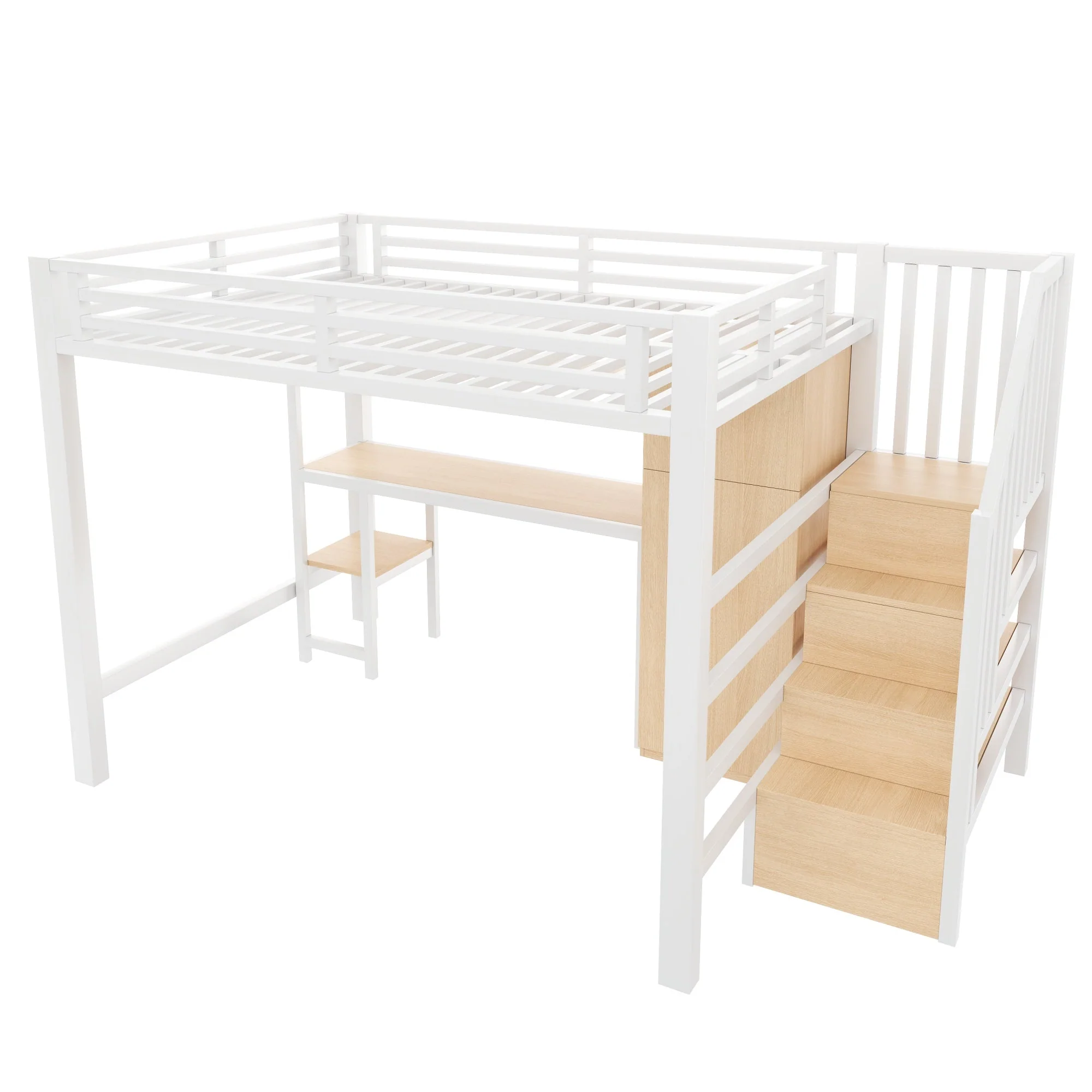 Metal Loft Bed with Desk, Shelf, Wardrobe and Storage Stairs, 140x200cm, White - Image 8