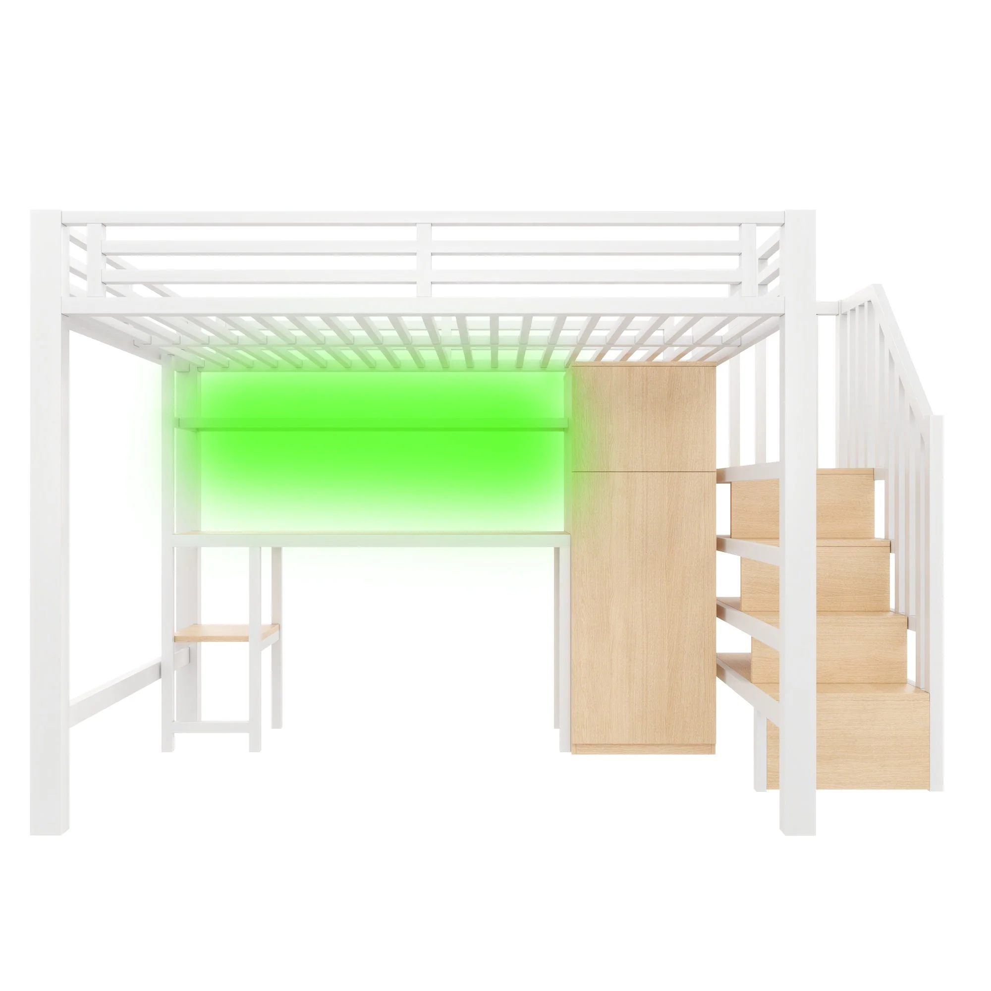 Metal Loft Bed with Desk, Shelf, Wardrobe and Storage Stairs, 140x200cm, White - Image 9
