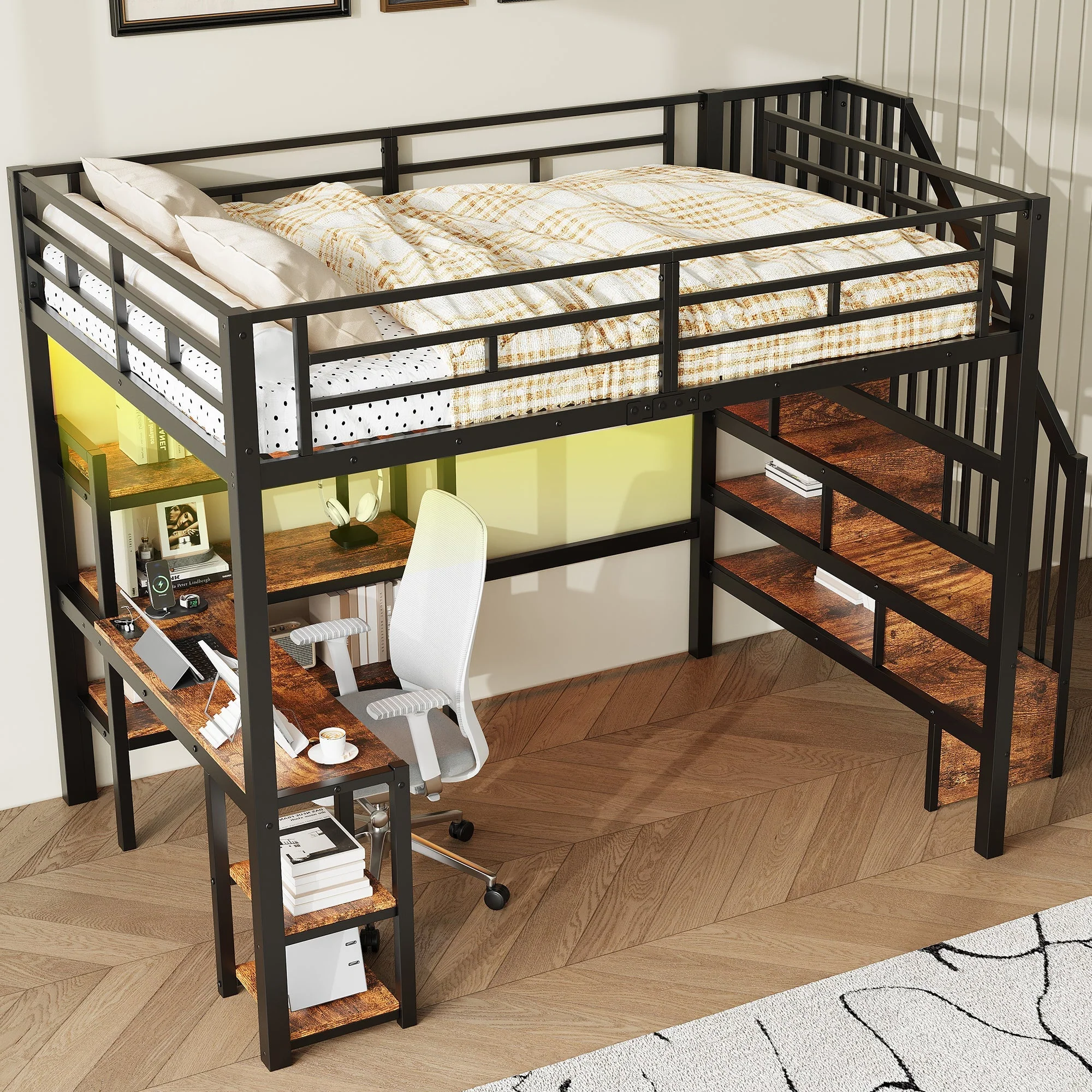 Metal Loft Bed with Desk, Stairs, Storage and LED, 140x200cm, Black - Image 3