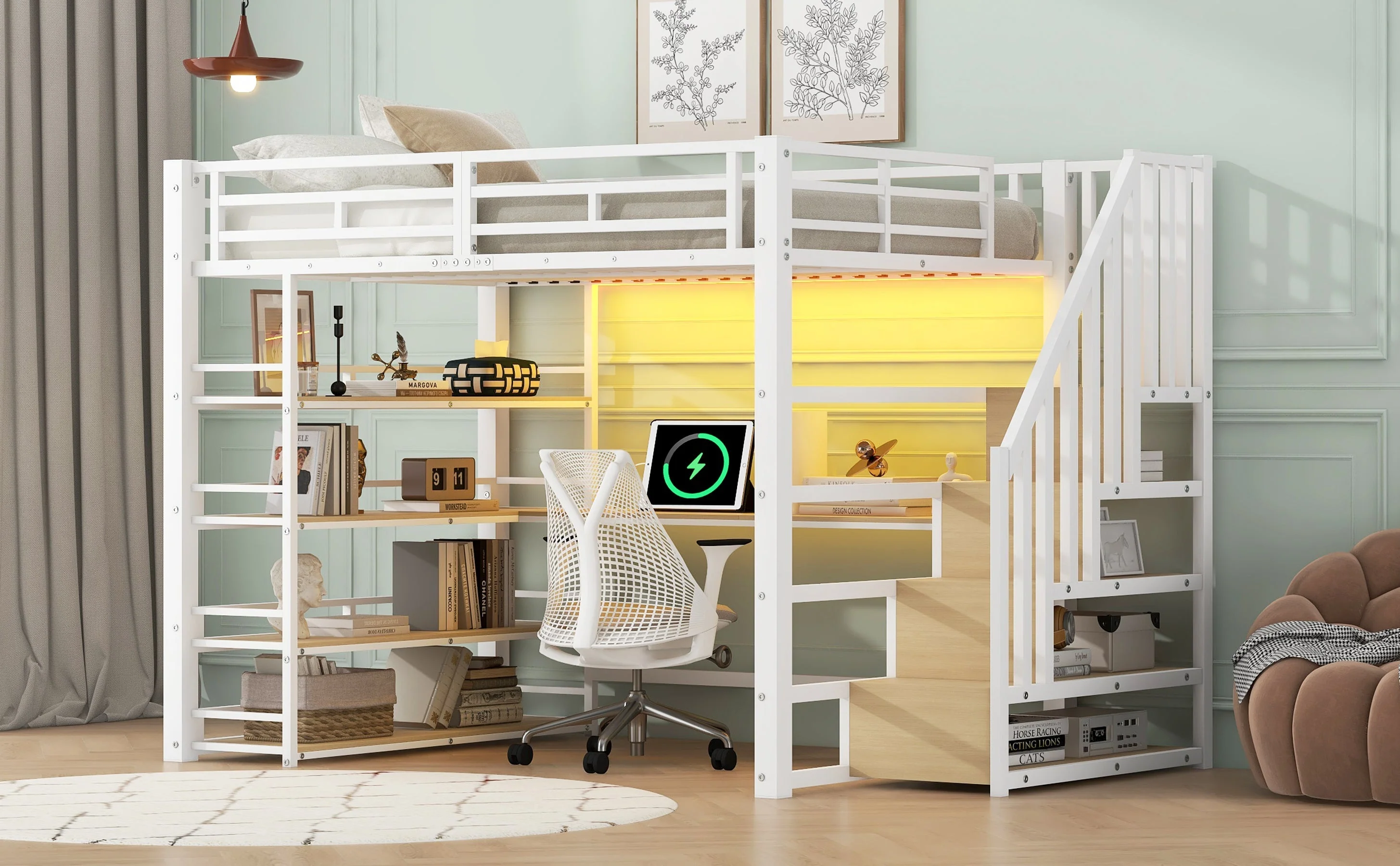 Metal Loft Bed with Desk, Stairs, Storage and LED Light, White - Image 10