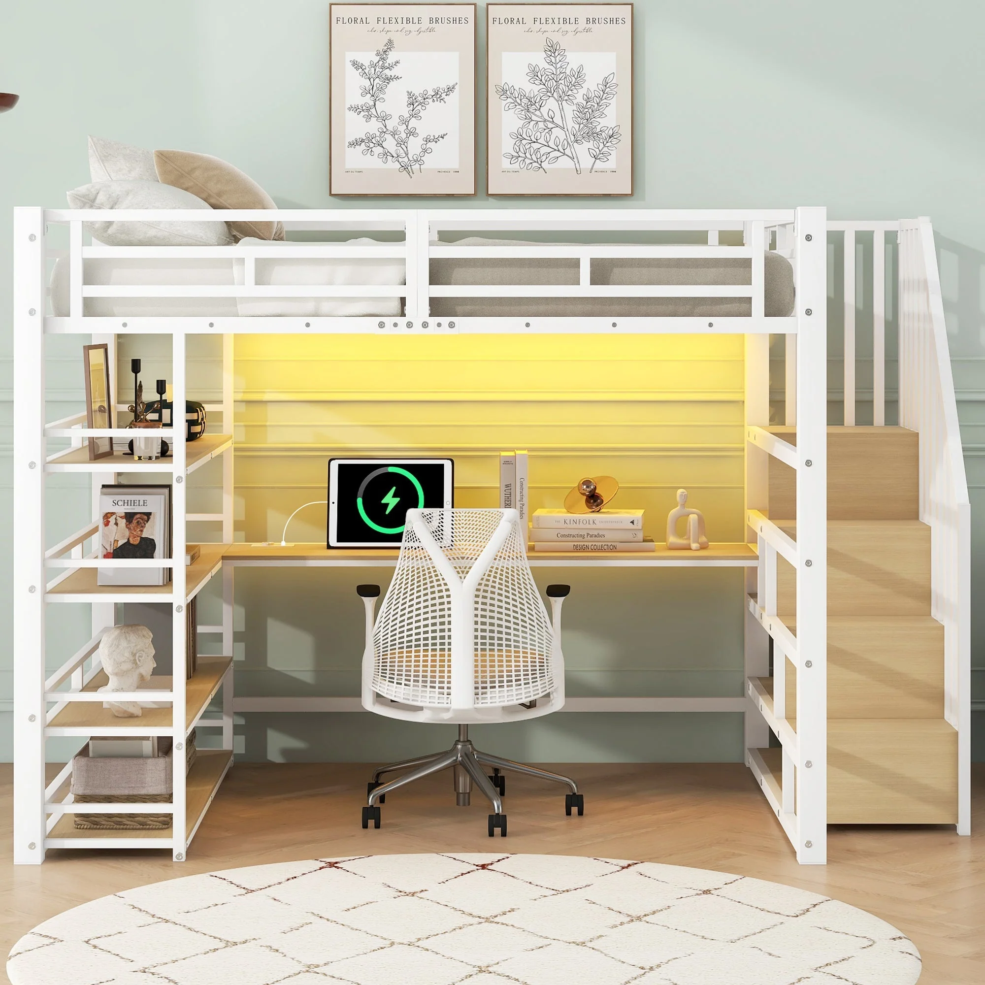 Metal Loft Bed with Desk, Stairs, Storage and LED Light, White - Image 2