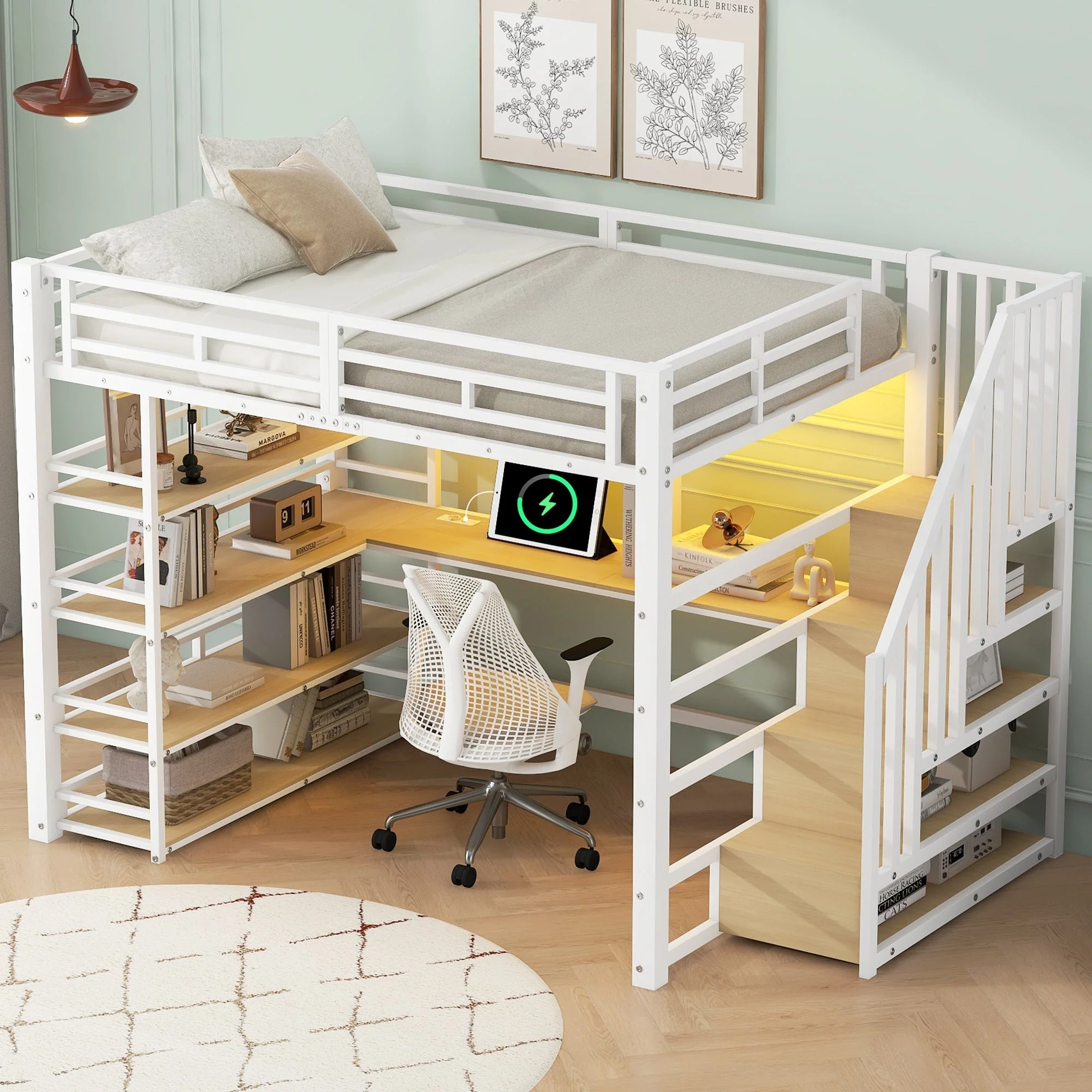 Metal Loft Bed with Desk, Stairs, Storage and LED Light, White - Image 4