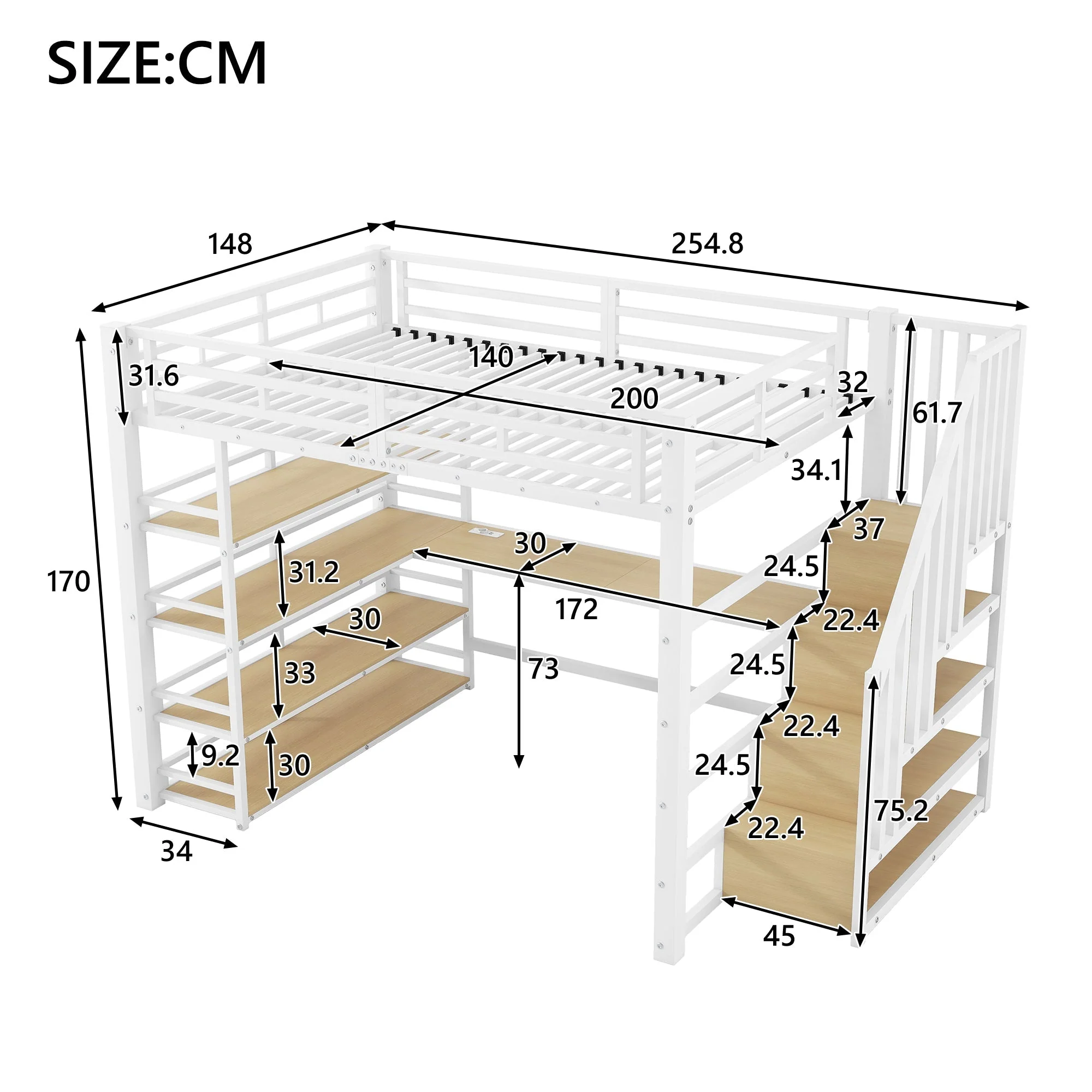 Metal Loft Bed with Desk, Stairs, Storage and LED Light, White - Image 5