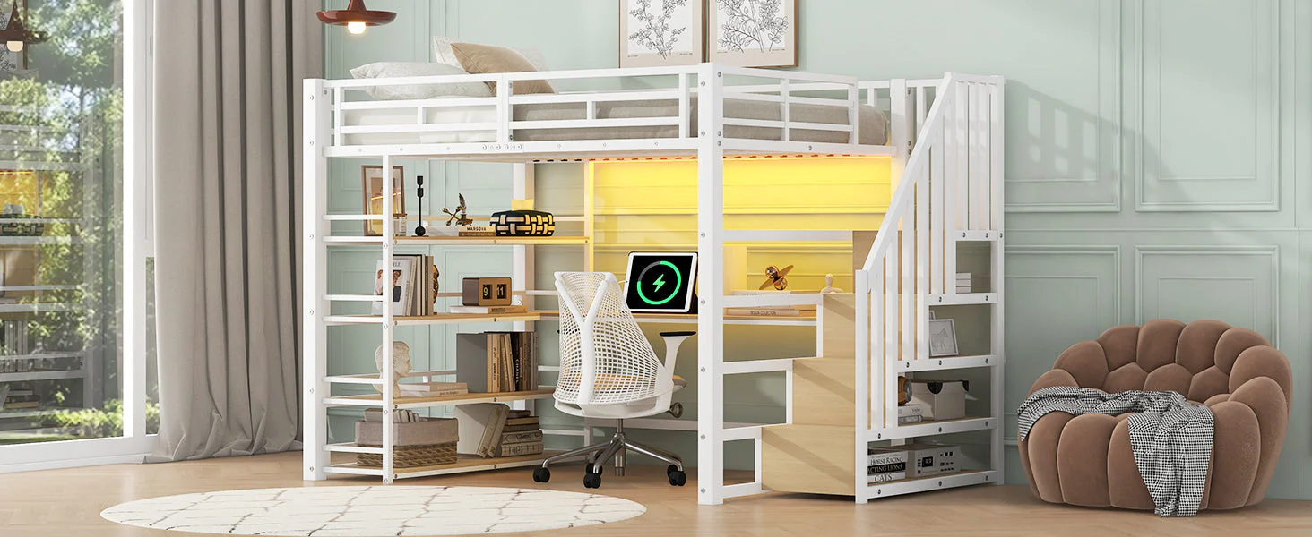 Metal Loft Bed with Desk, Stairs, Storage and LED Light, White - Image 6