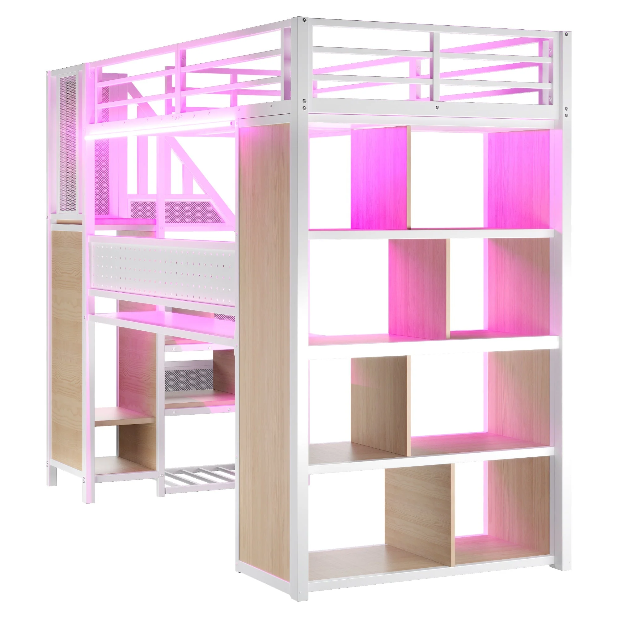 Metal Loft Bed with Desk, Wardrobe and LED Lighting, 90 x 200 cm, White - Image 8