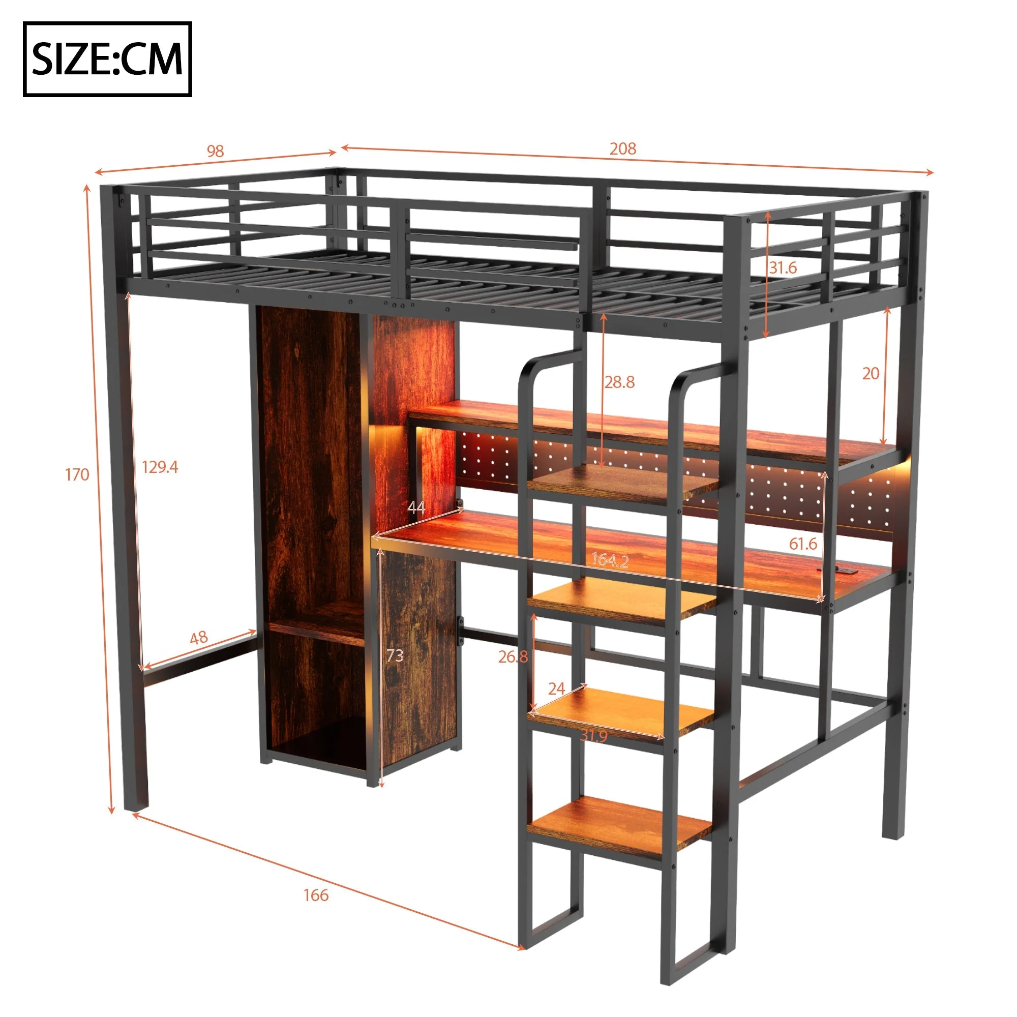 Metal Loft Bed with Large Desk, Wardrobe and LED Light Strip, Black - Image 5