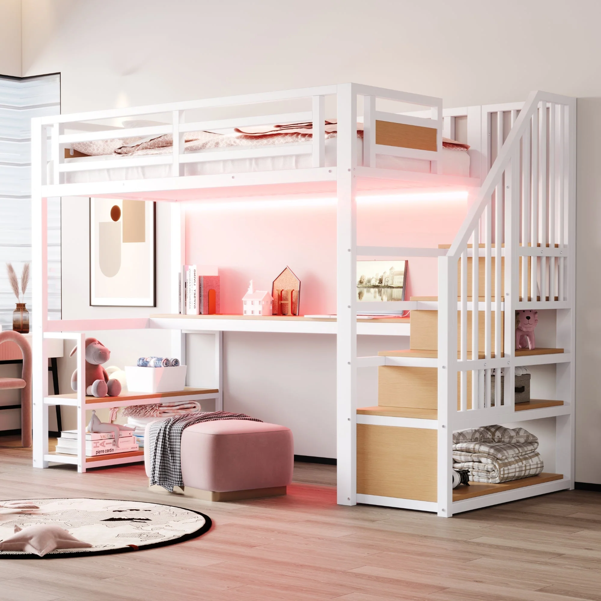 Metal Loft Bed with LED Light, Power Socket, Storage Ladder, Shelves and Desk, 90x200cm, White Metal - Image 2