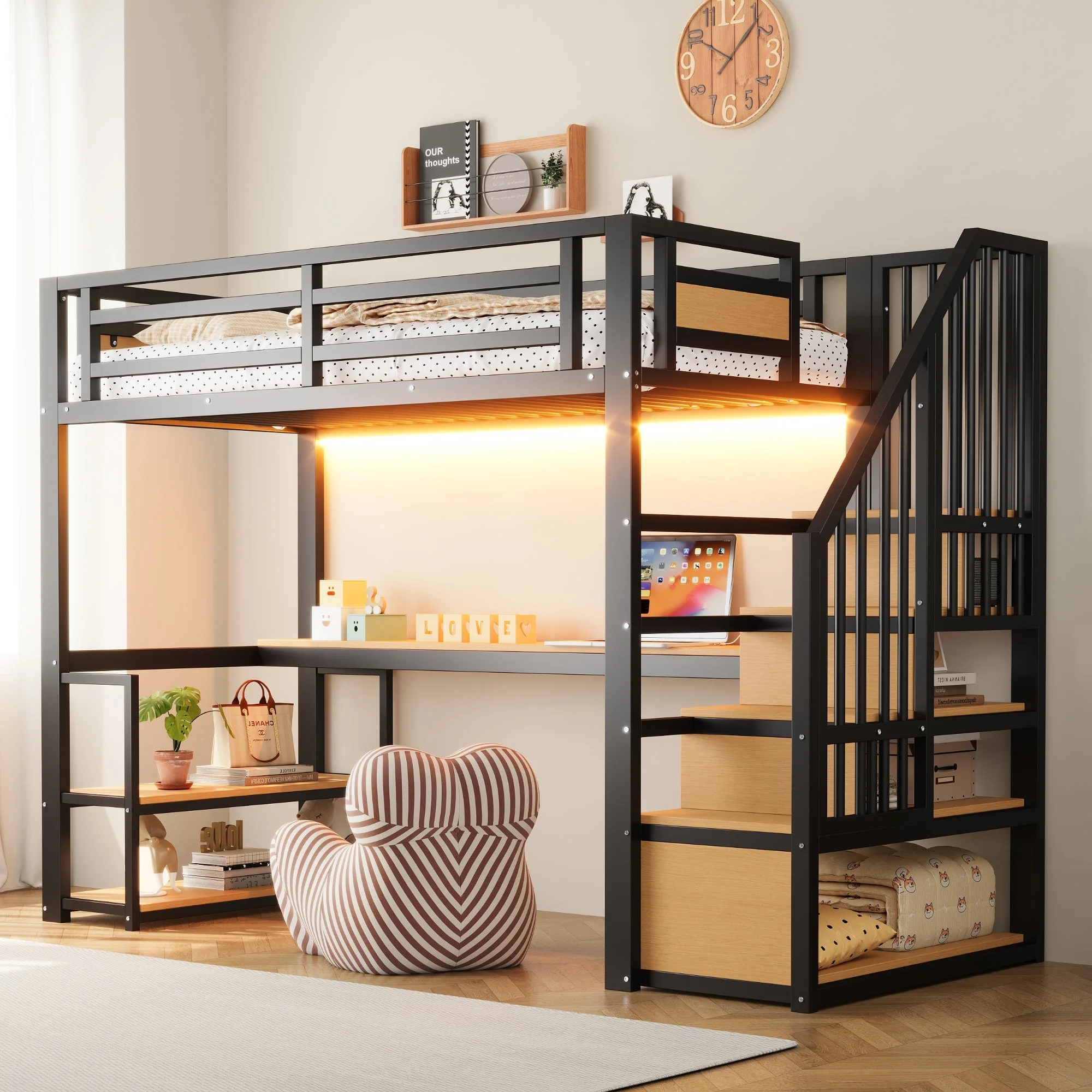 Metal Loft Bed with LED, Socket, Storage Ladder, Shelves and Desk, 90x200cm, Black Metal