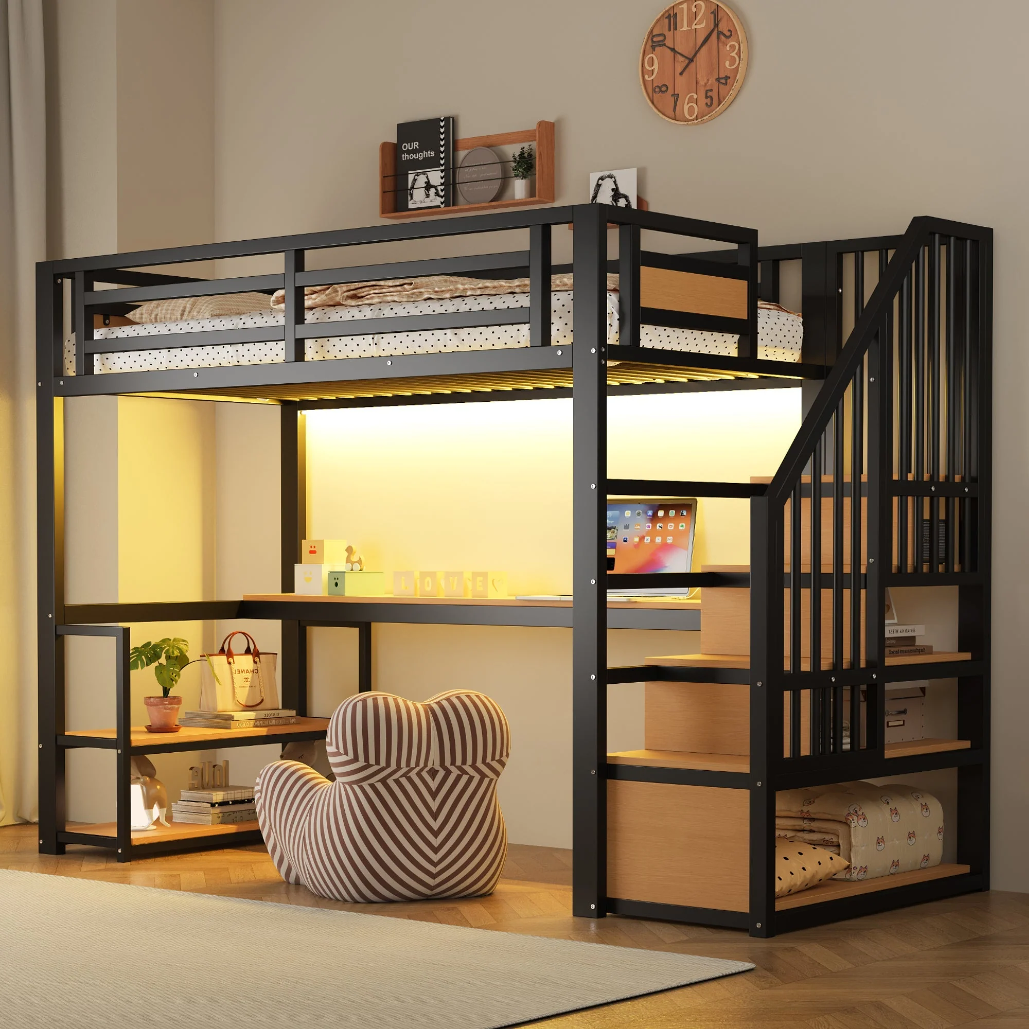 Metal Loft Bed with LED, Socket, Storage Ladder, Shelves and Desk, 90x200cm, Black Metal - Image 2