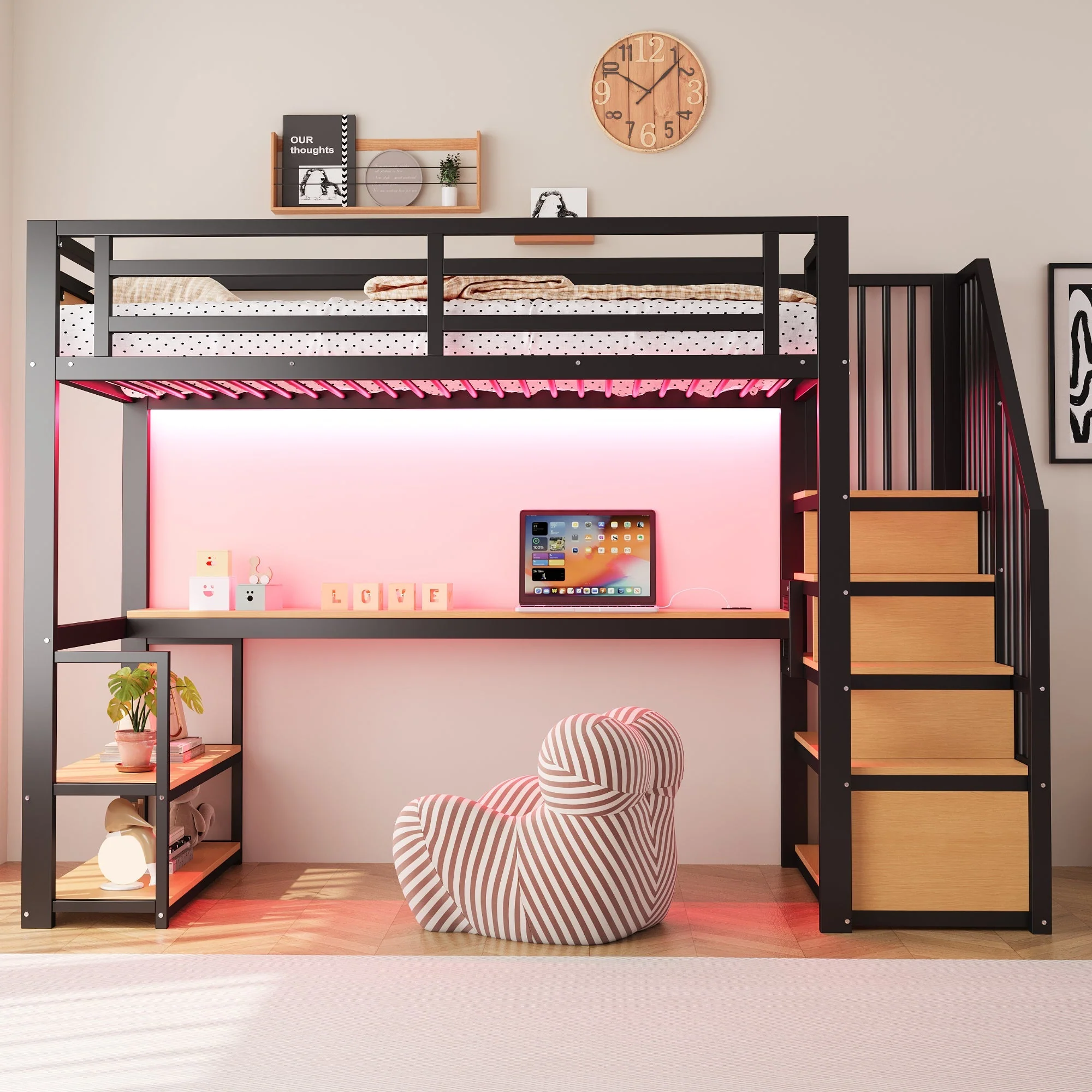 Metal Loft Bed with LED, Socket, Storage Ladder, Shelves and Desk, 90x200cm, Black Metal - Image 3