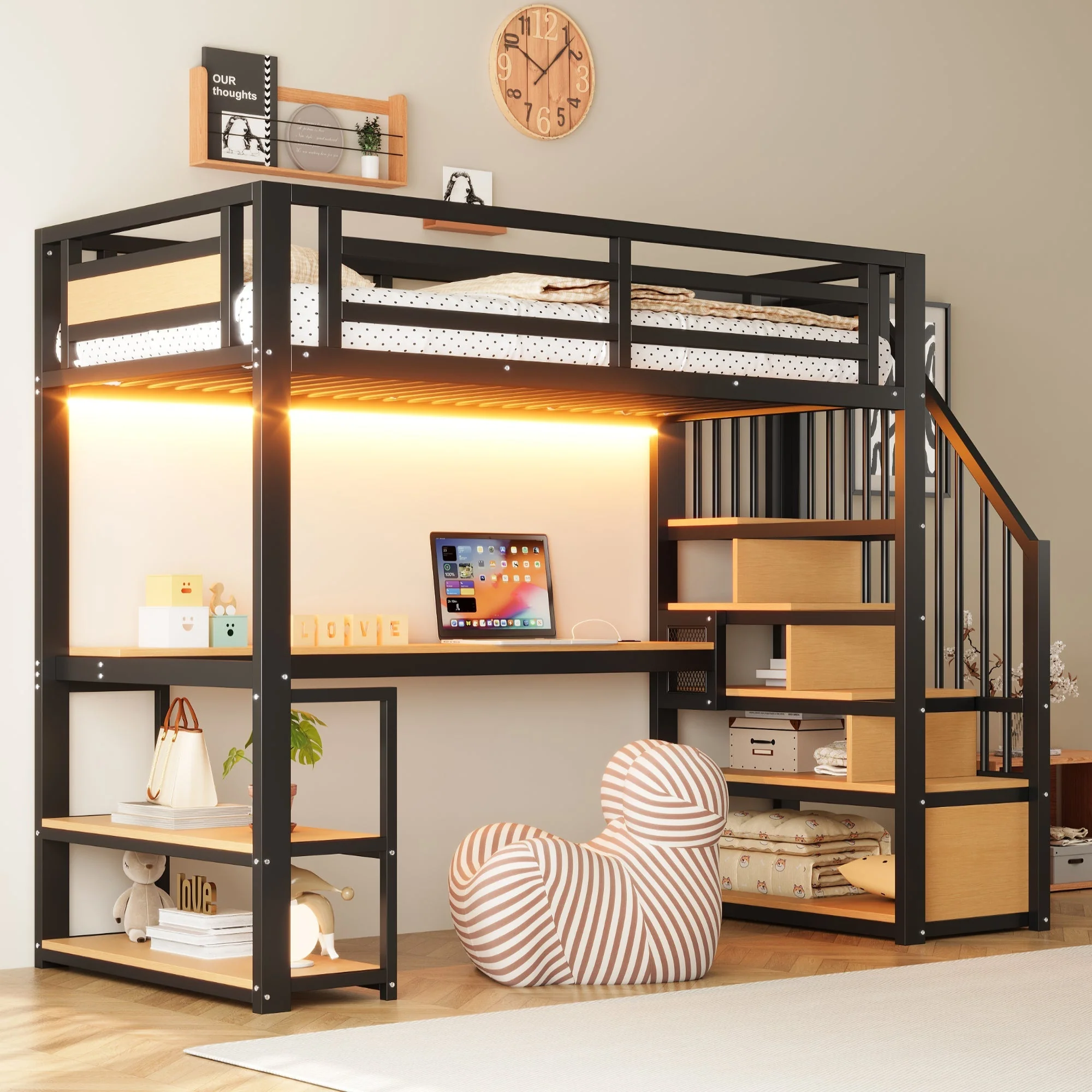 Metal Loft Bed with LED, Socket, Storage Ladder, Shelves and Desk, 90x200cm, Black Metal - Image 4