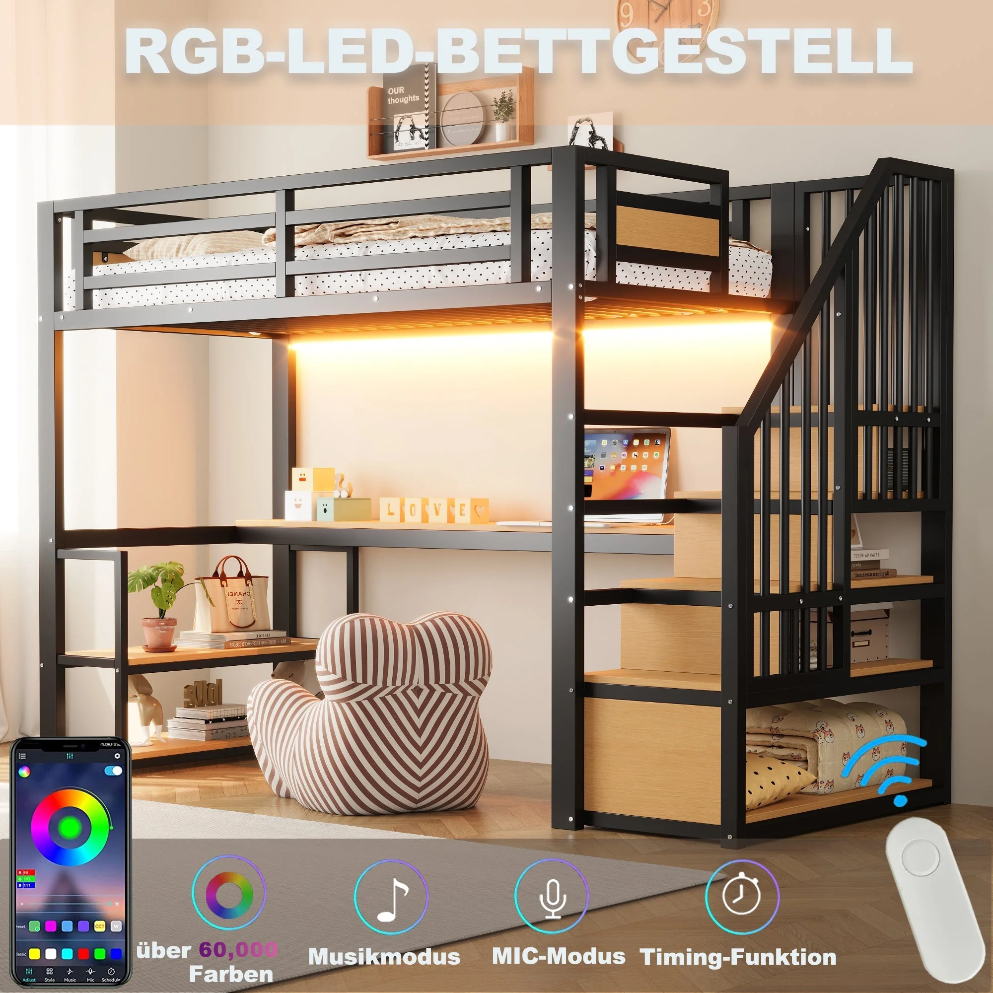 Metal Loft Bed with LED, Socket, Storage Ladder, Shelves and Desk, 90x200cm, Black Metal - Image 5