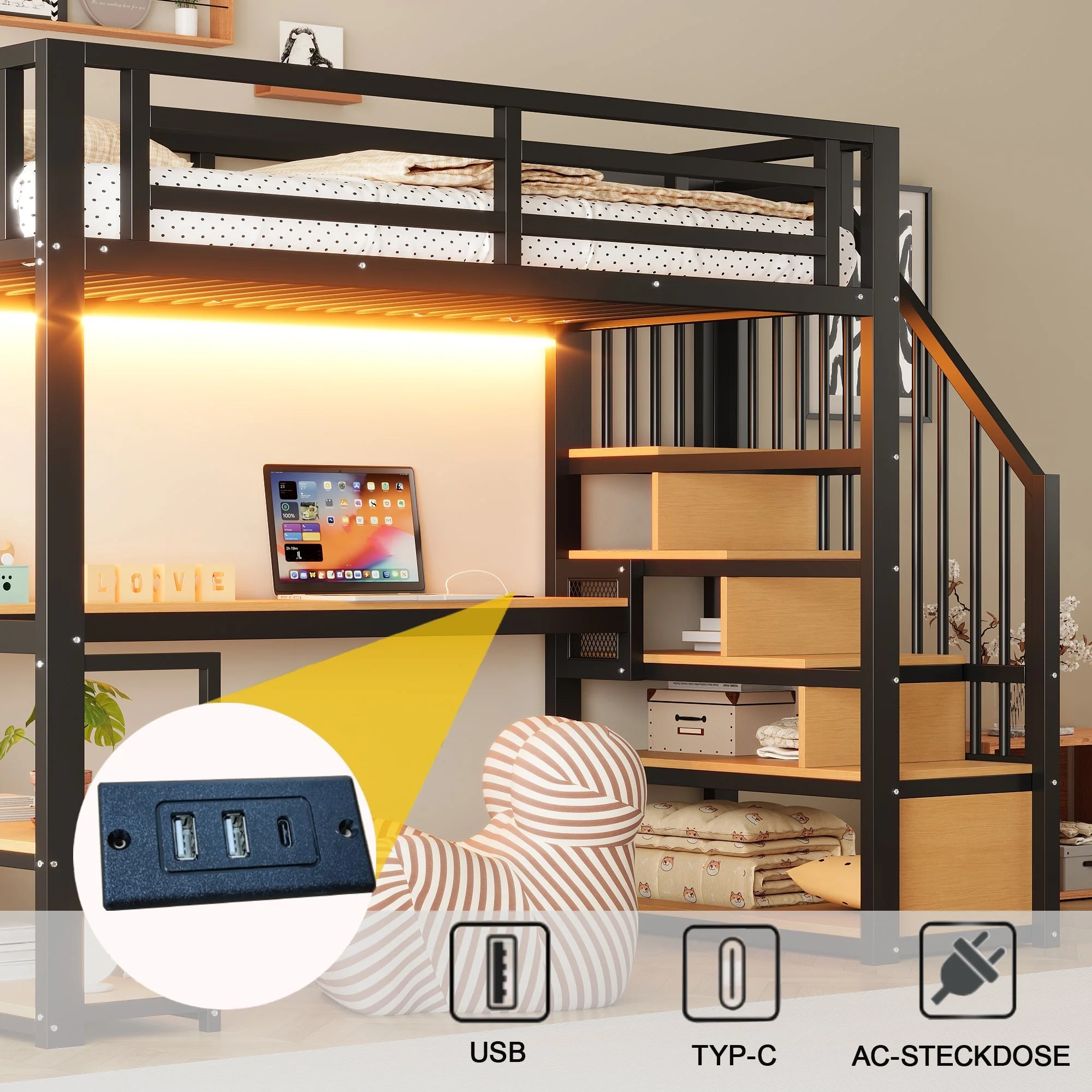 Metal Loft Bed with LED, Socket, Storage Ladder, Shelves and Desk, 90x200cm, Black Metal - Image 6