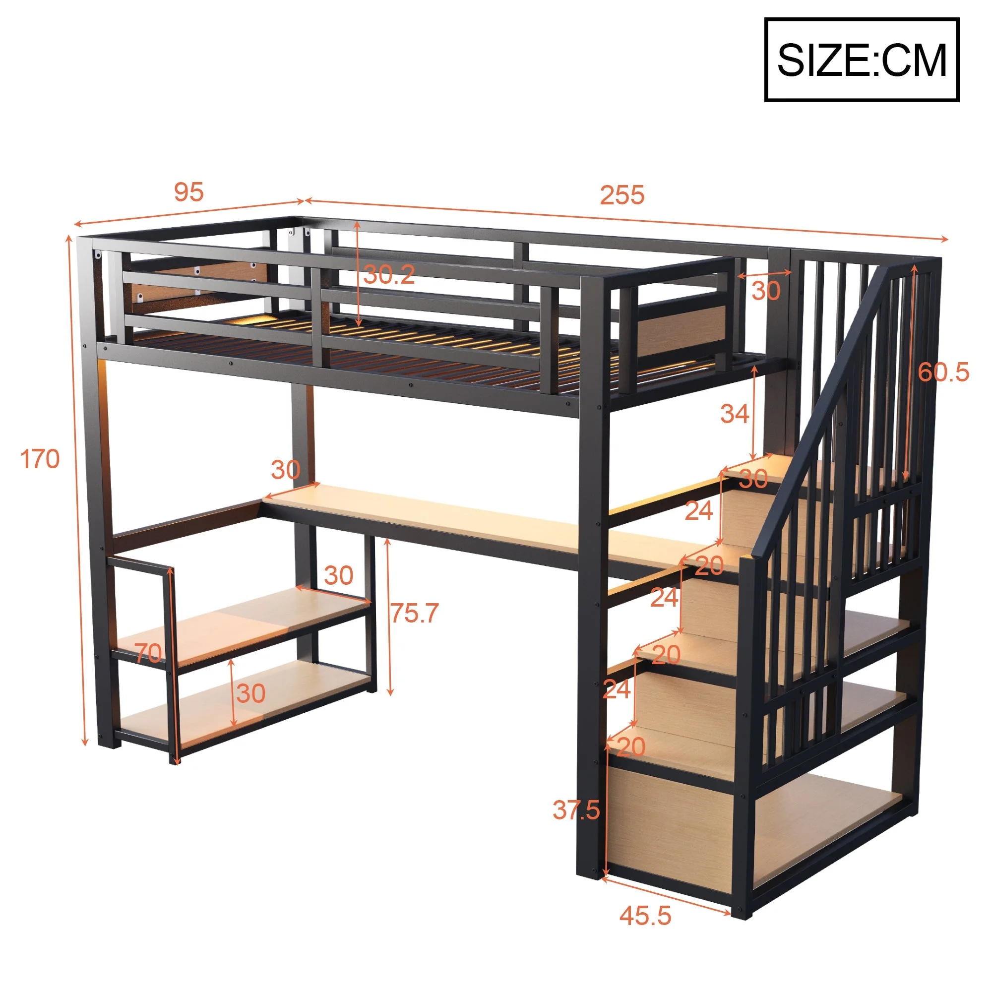 Metal Loft Bed with LED, Socket, Storage Ladder, Shelves and Desk, 90x200cm, Black Metal - Image 7