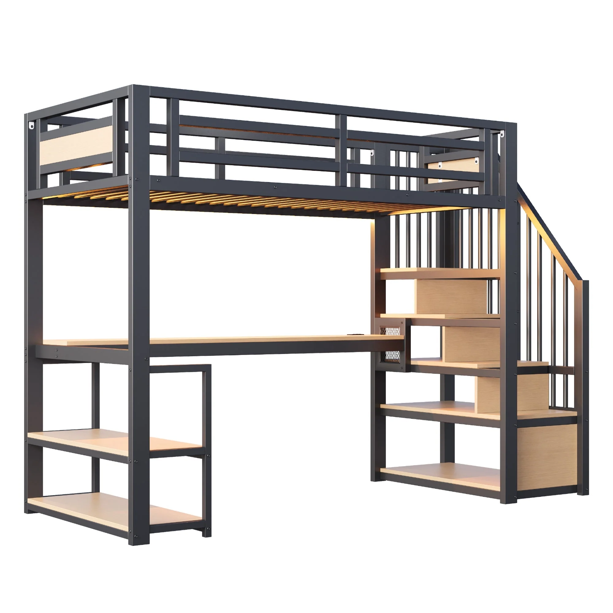 Metal Loft Bed with LED, Socket, Storage Ladder, Shelves and Desk, 90x200cm, Black Metal - Image 8