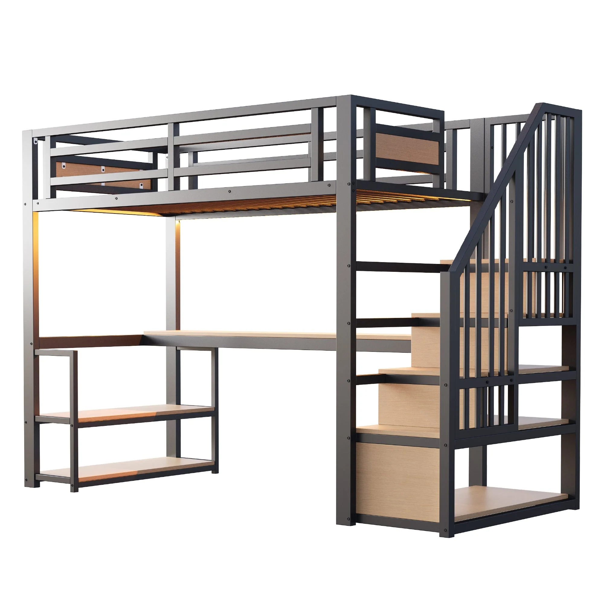 Metal Loft Bed with LED, Socket, Storage Ladder, Shelves and Desk, 90x200cm, Black Metal - Image 9